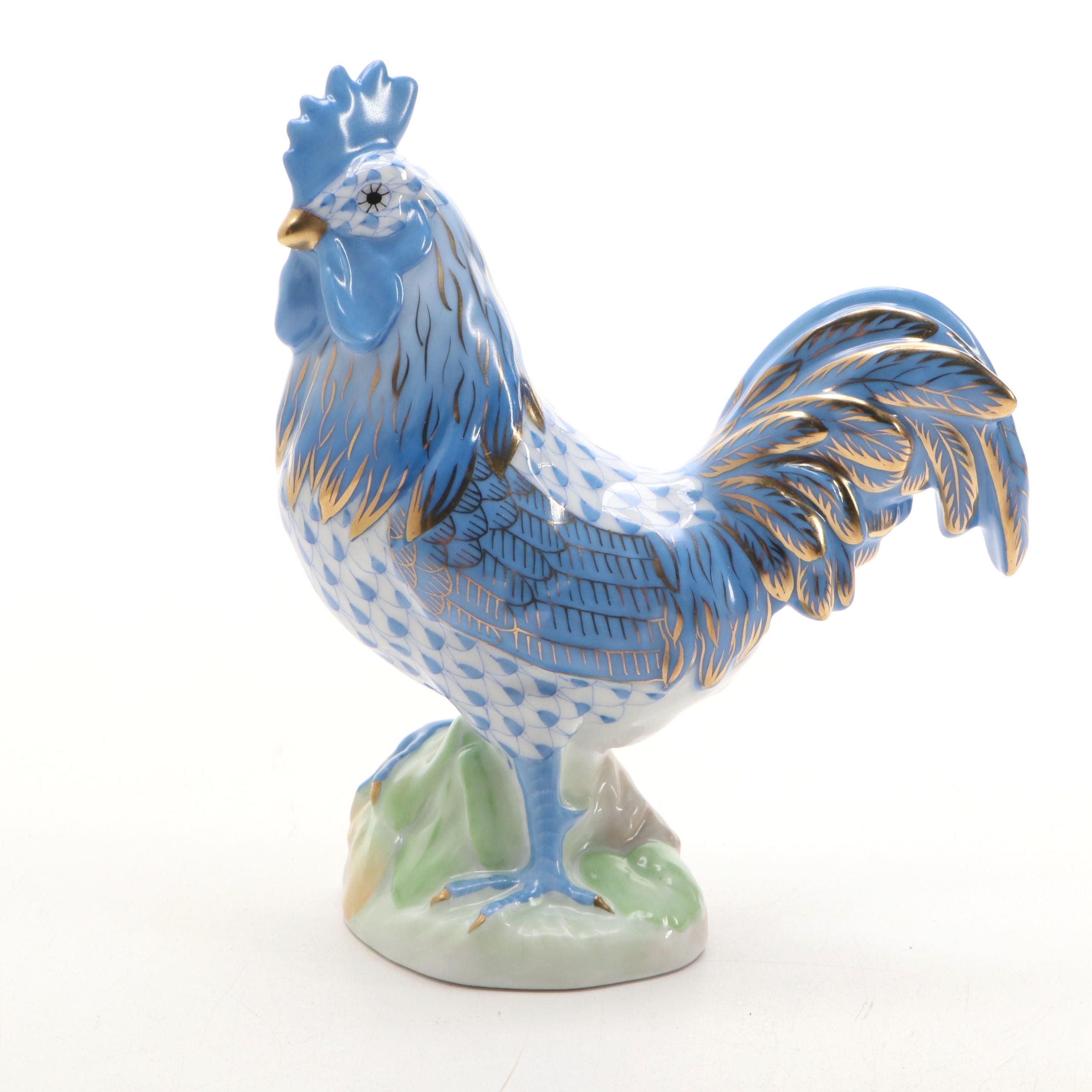 Herend Blue Fishnet with Gold "Proud Rooster" Porcelain Figurine
