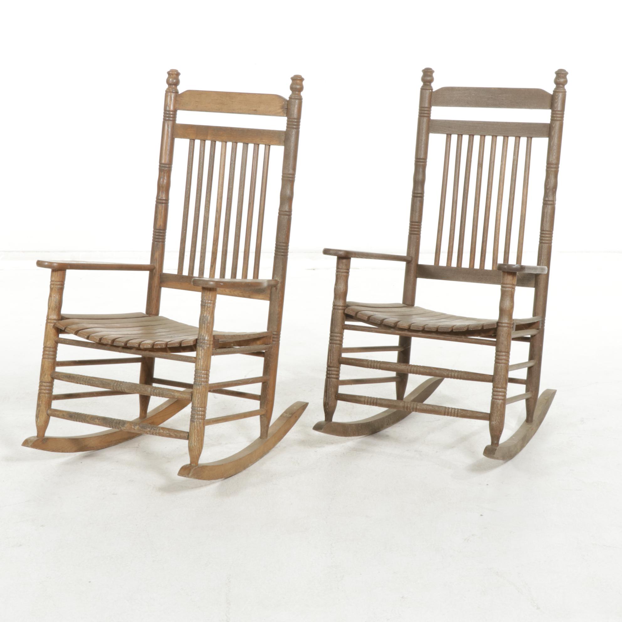 Cracker Barrel Oak Rocking Chairs, Pair, Late 20th to 21st Century