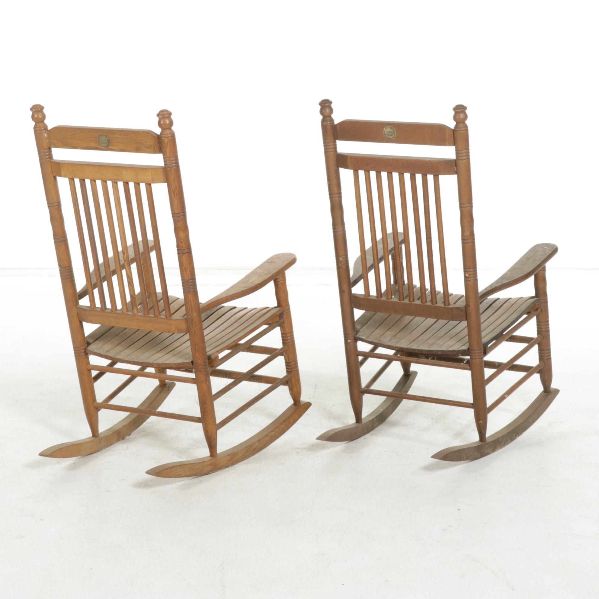 Cracker Barrel Oak Rocking Chairs, Pair, Late 20th to 21st Century