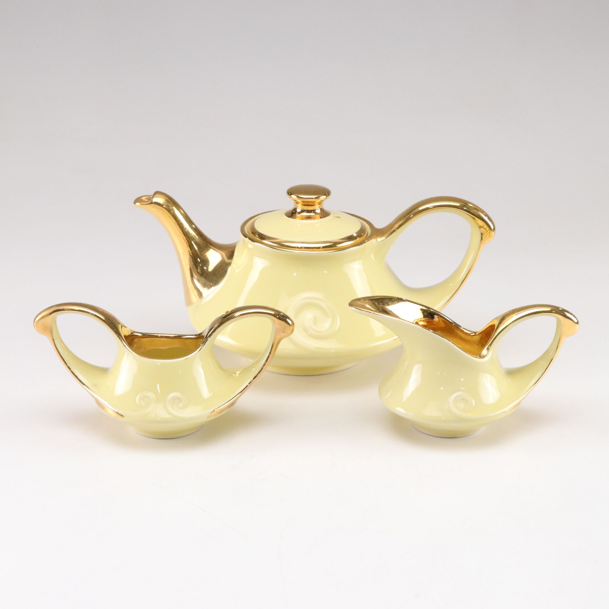 Mid Century Modern Pearl China Yellow Teapot with Gold Trim