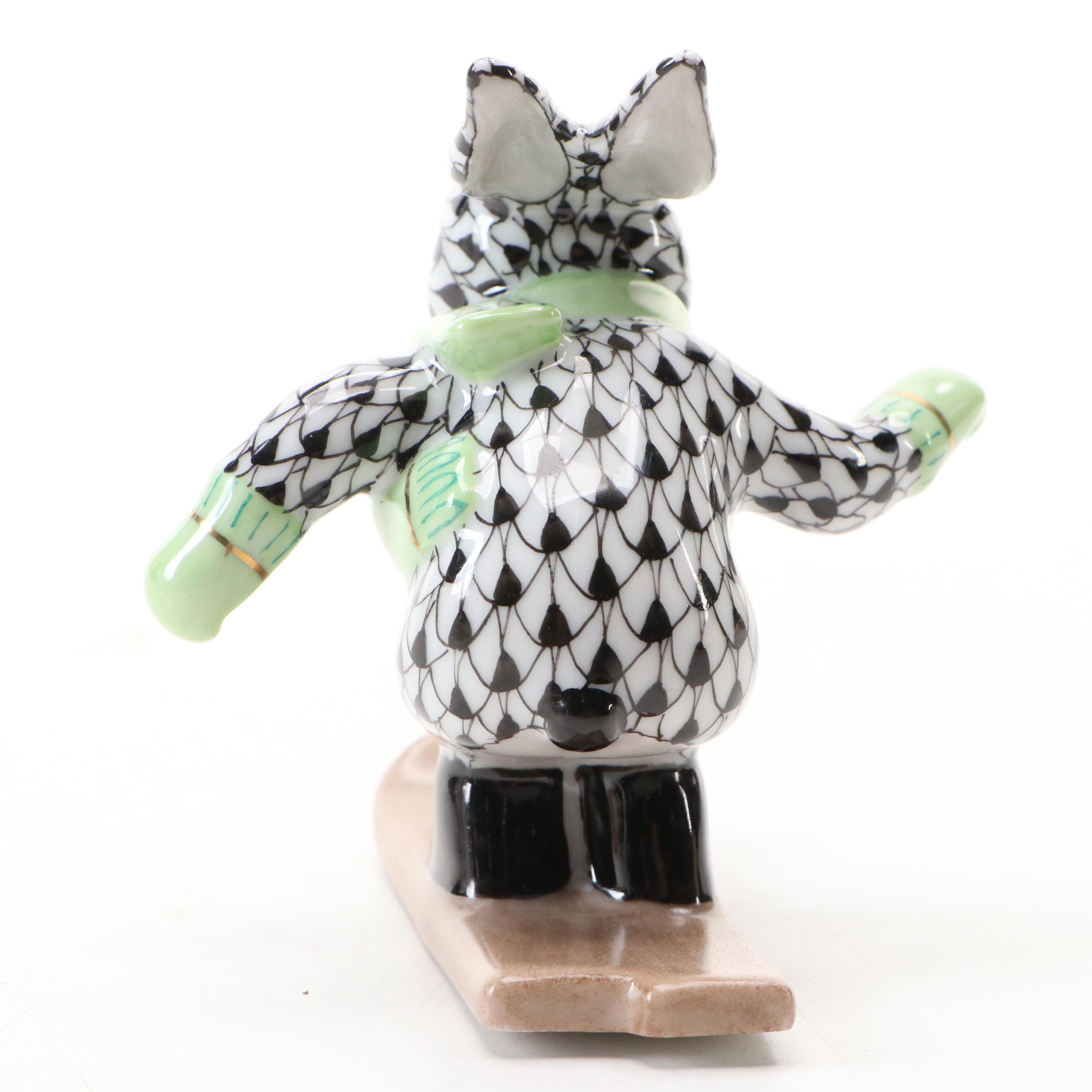 Herend Black Fishnet with Gold "Ski Bunny" Porcelain Figurine