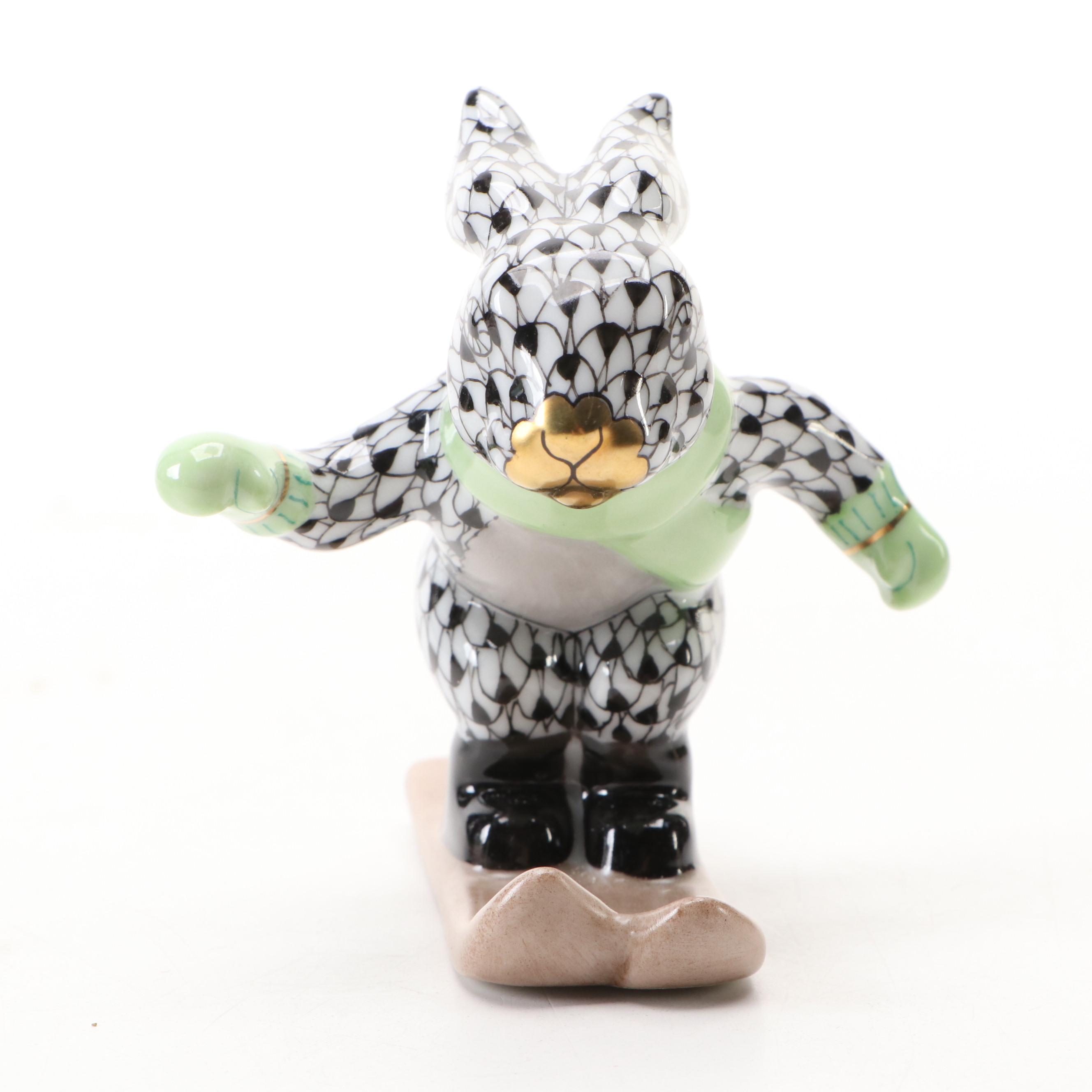 Herend Black Fishnet with Gold "Ski Bunny" Porcelain Figurine