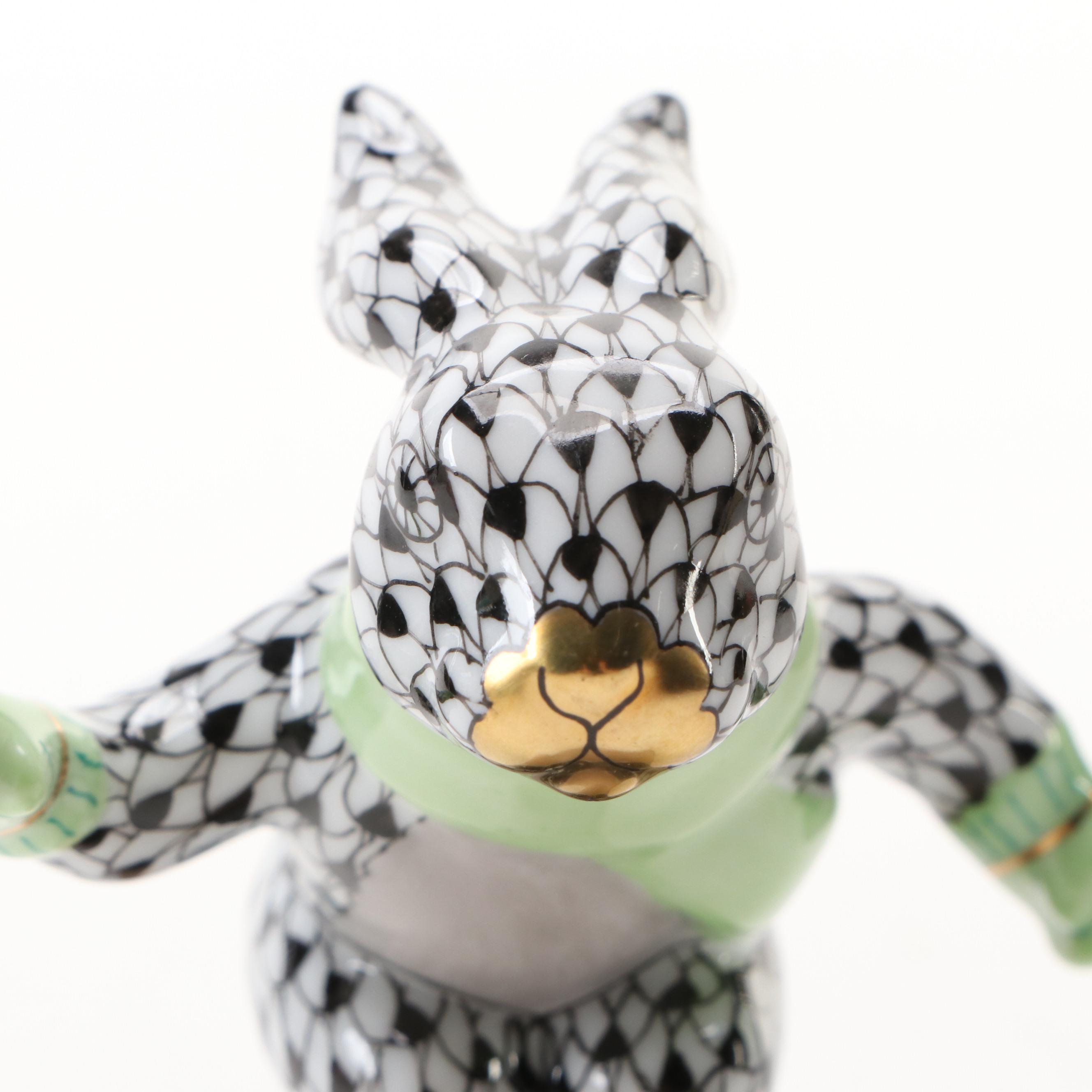 Herend Black Fishnet with Gold "Ski Bunny" Porcelain Figurine