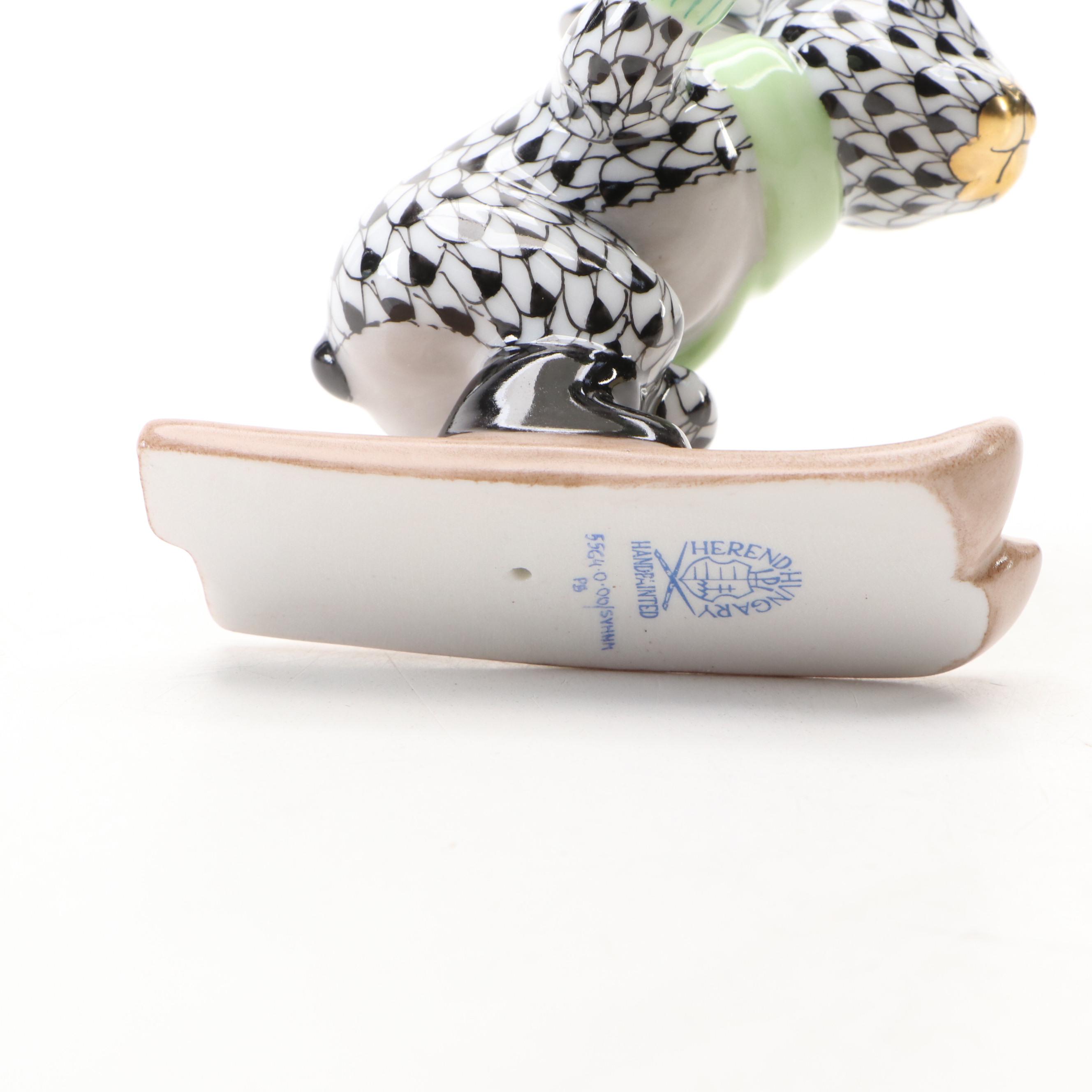 Herend Black Fishnet with Gold "Ski Bunny" Porcelain Figurine