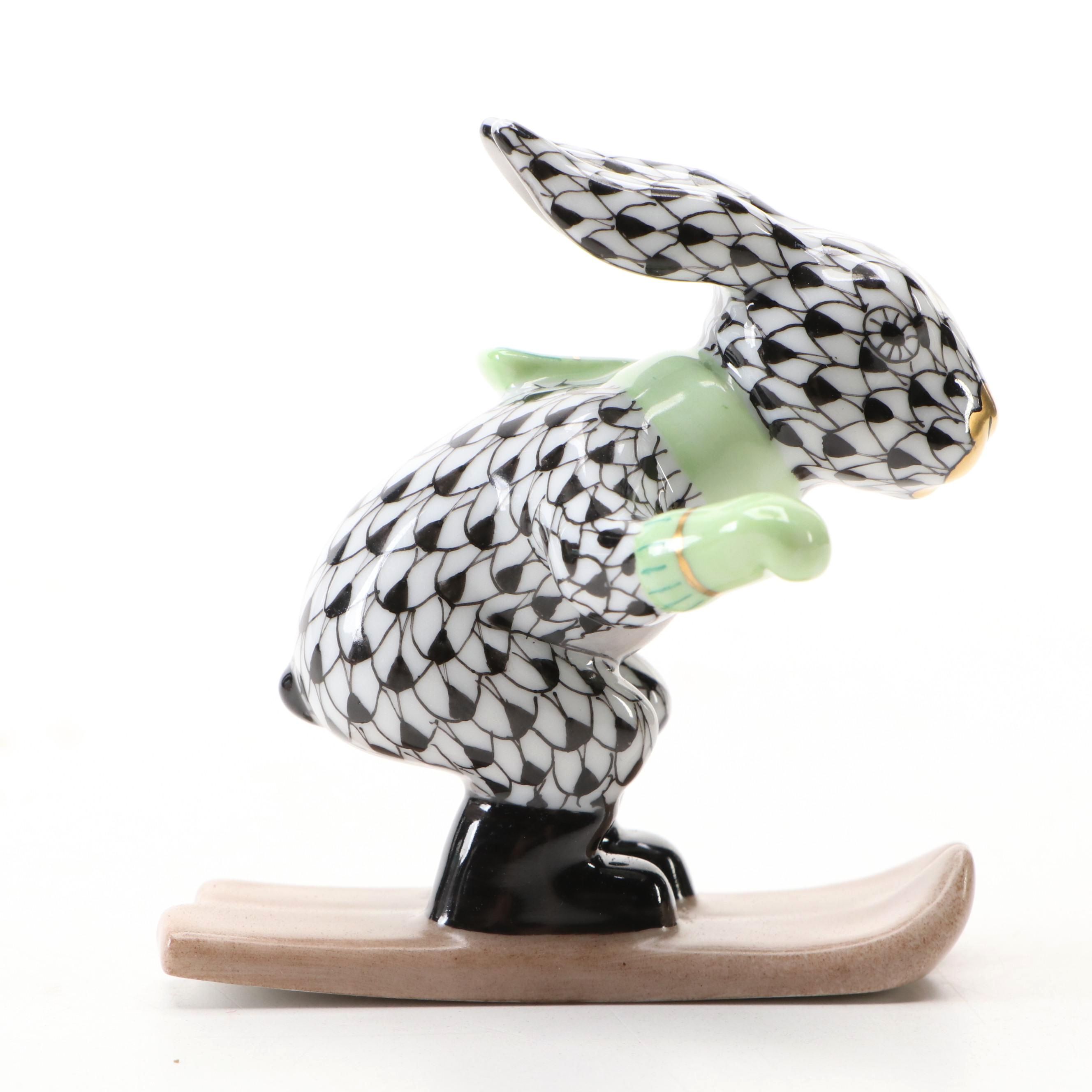 Herend Black Fishnet with Gold "Ski Bunny" Porcelain Figurine