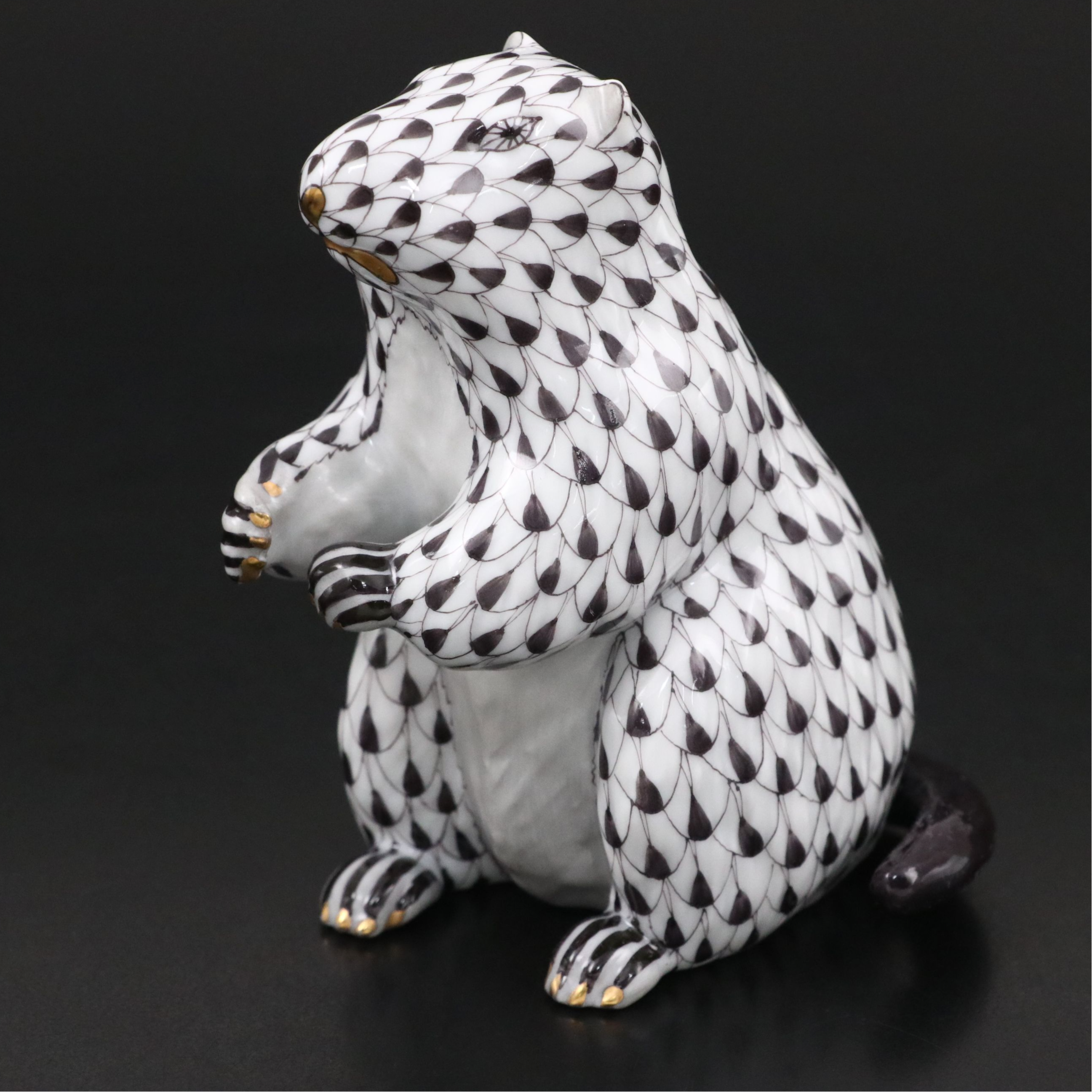 Herend First Edition Black Fishnet with Gold "Groundhog" Porcelain Figurine