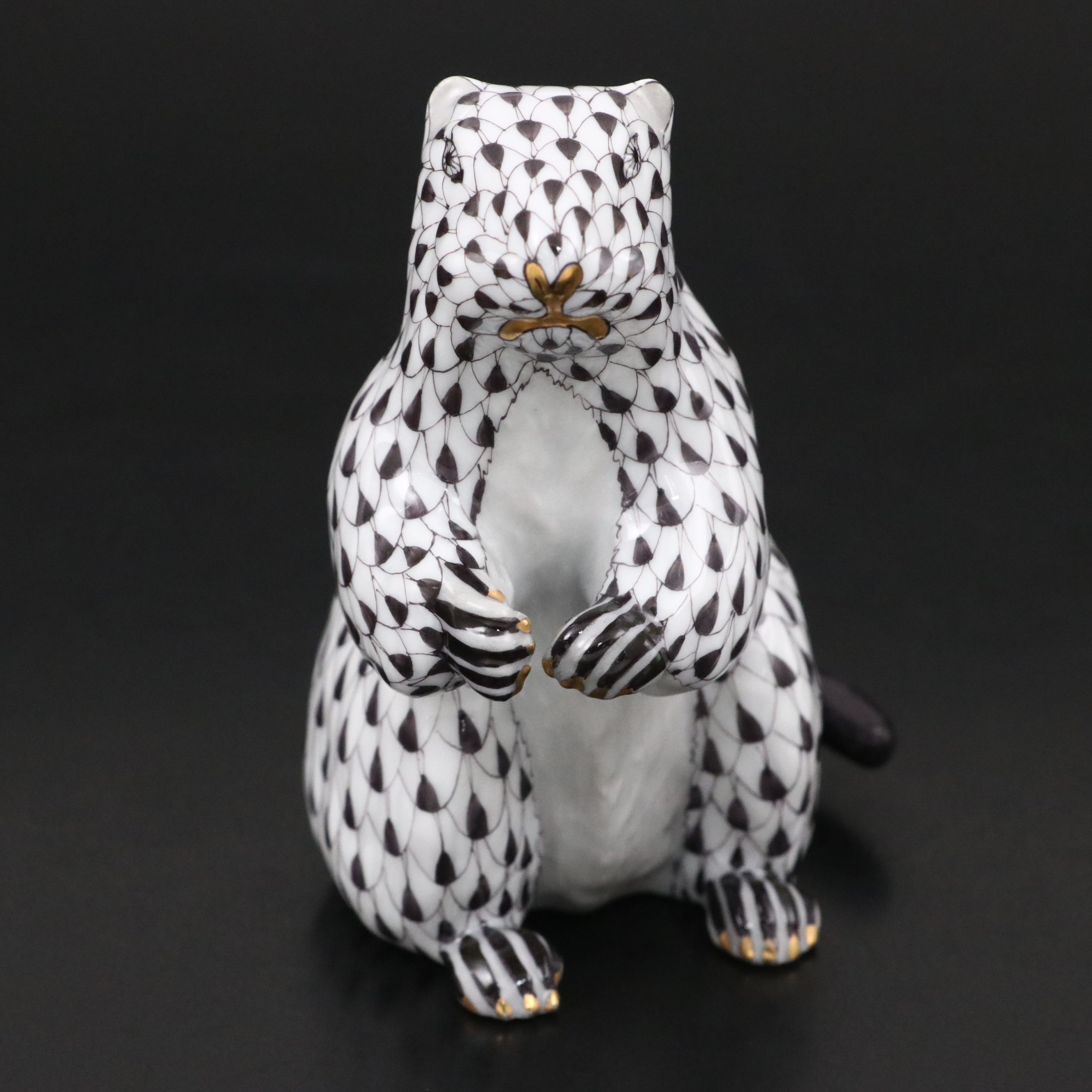 Herend First Edition Black Fishnet with Gold "Groundhog" Porcelain Figurine