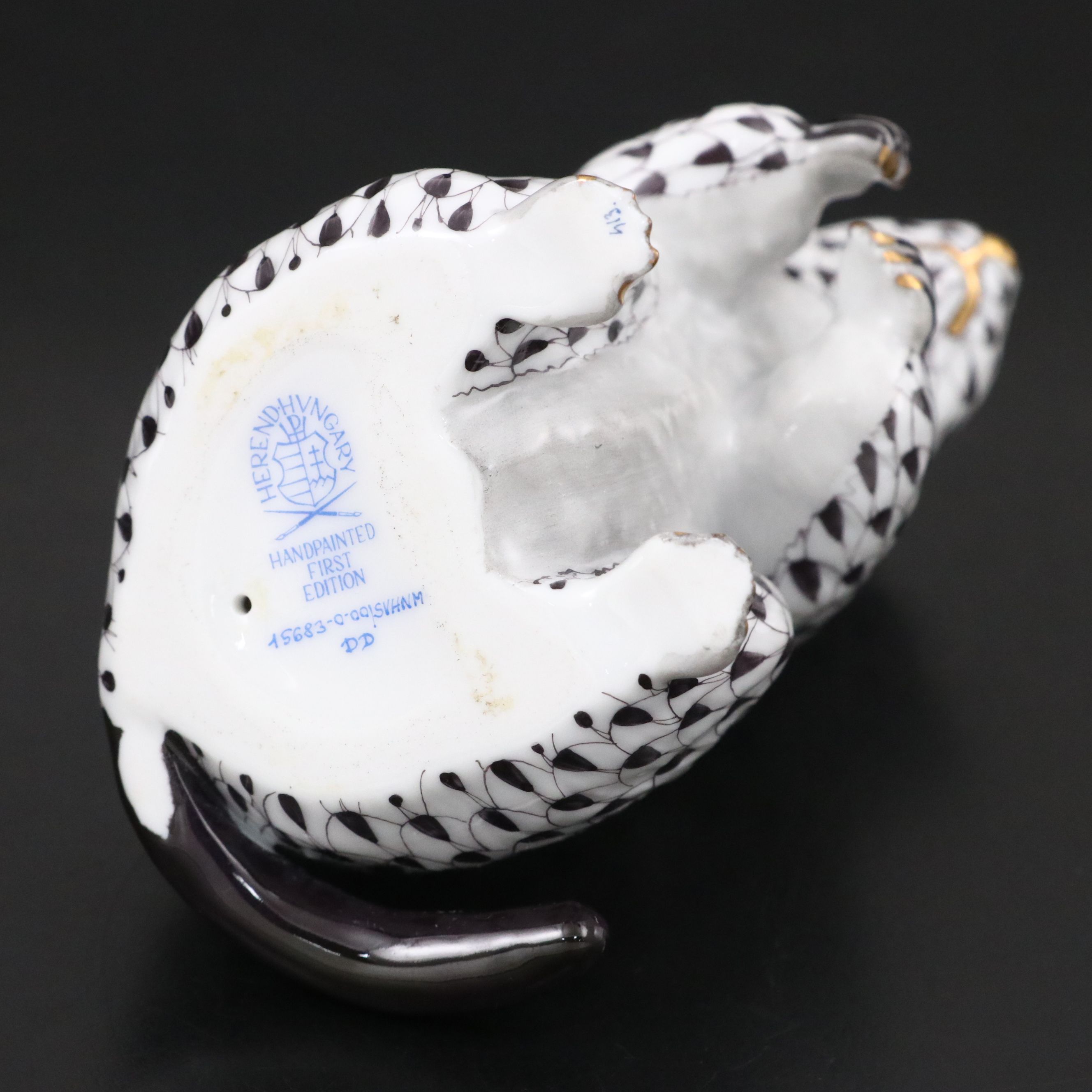 Herend First Edition Black Fishnet with Gold "Groundhog" Porcelain Figurine