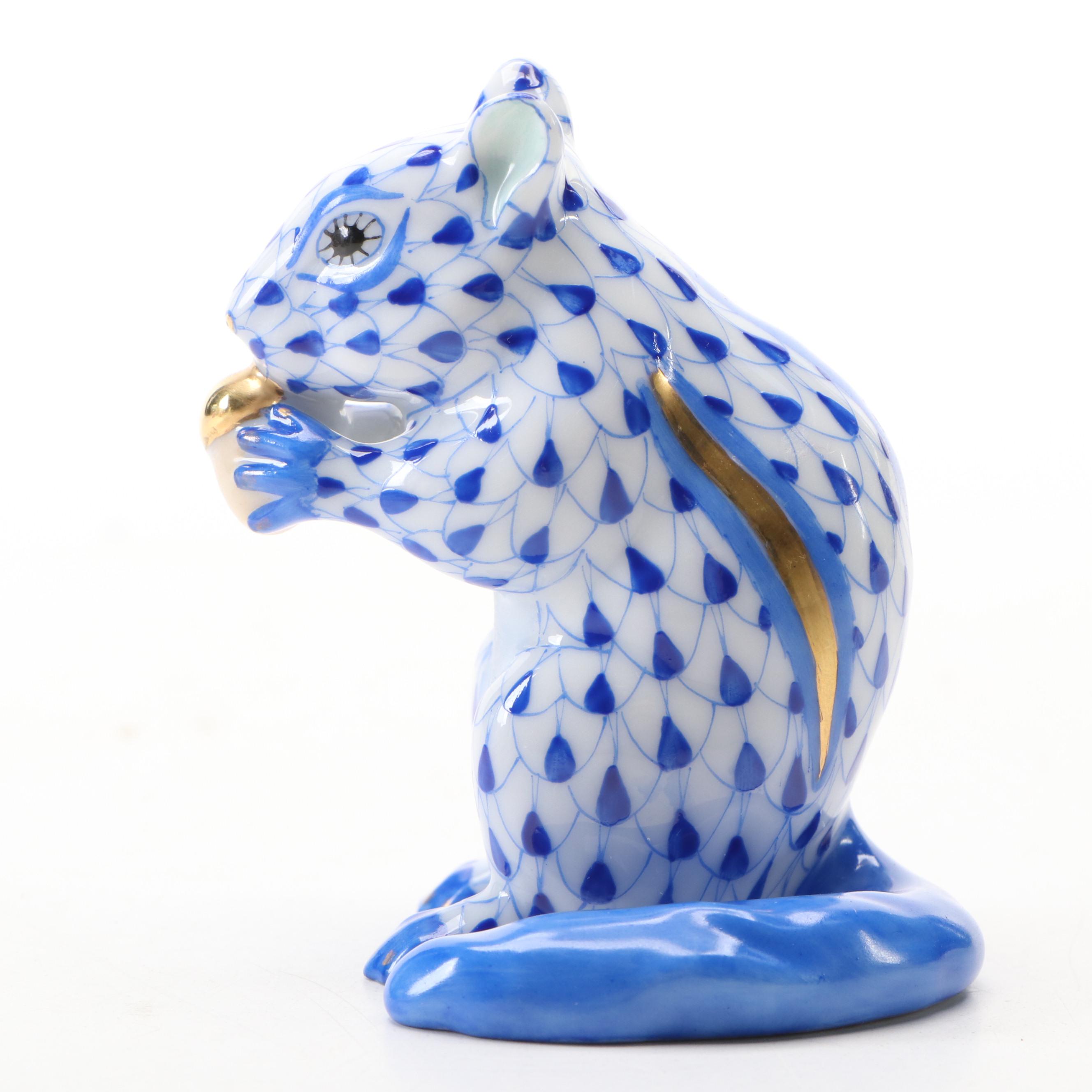 Herend Blue Fishnet With Gold "Chipmunk with Acorn" Porcelain Figure