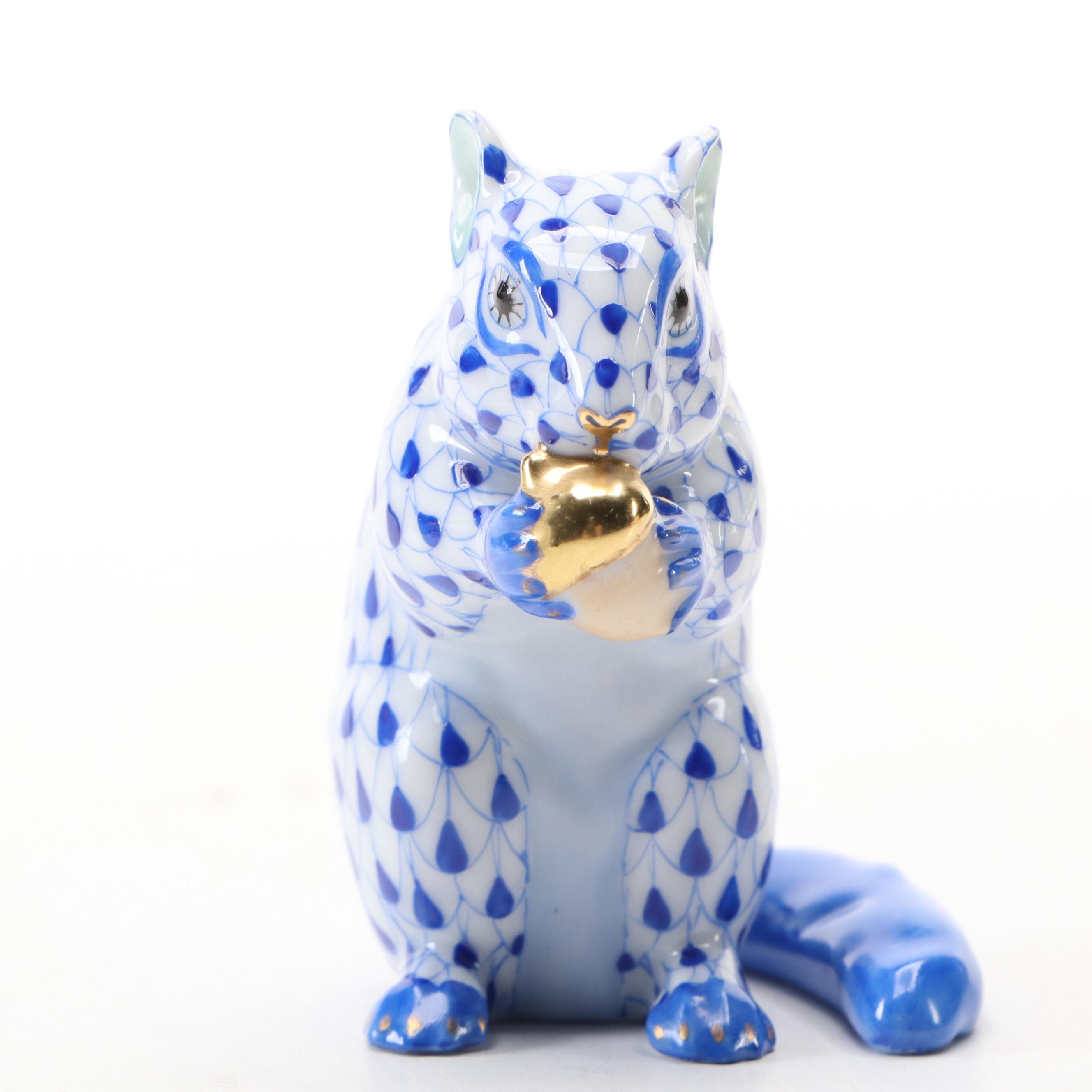 Herend Blue Fishnet With Gold "Chipmunk with Acorn" Porcelain Figure