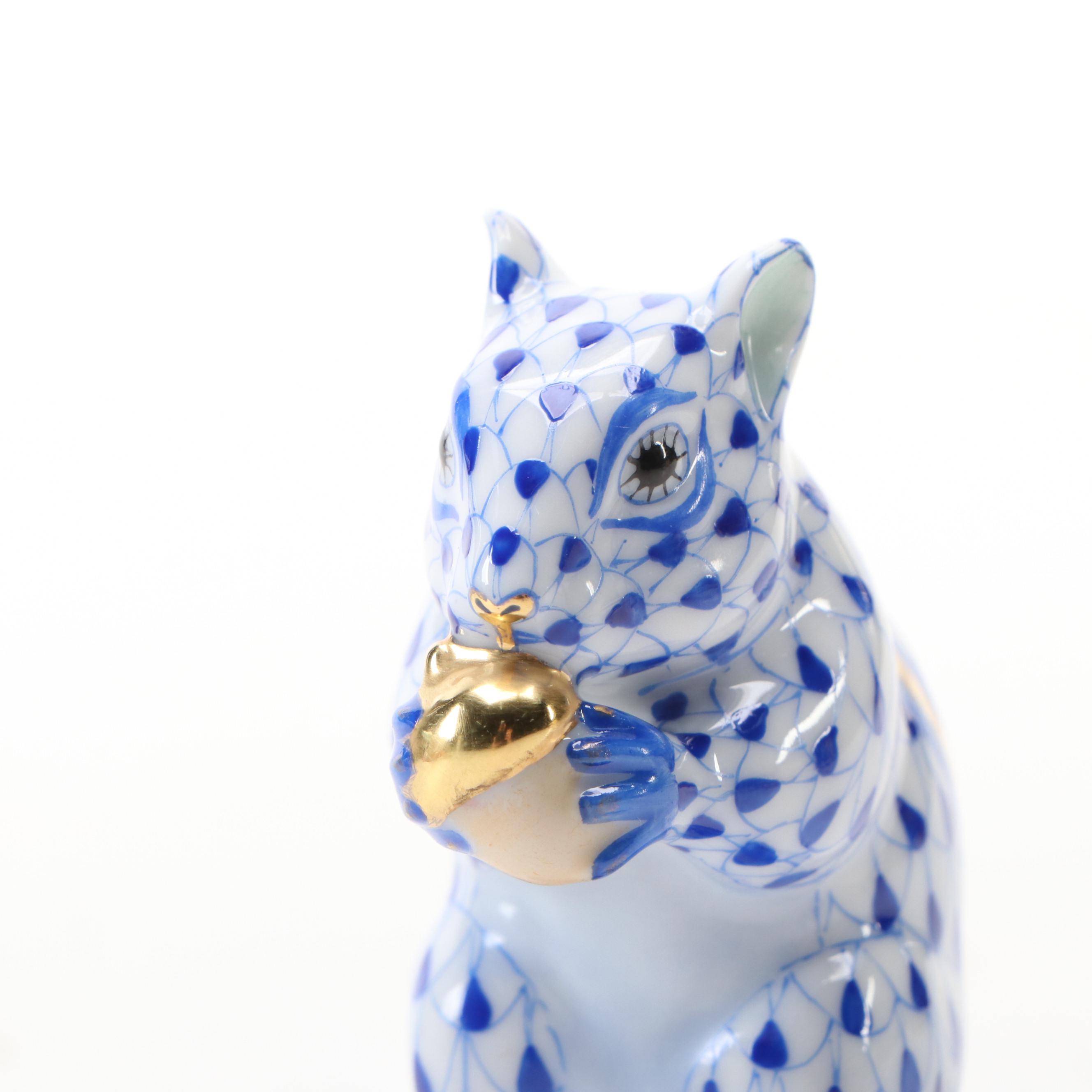 Herend Blue Fishnet With Gold "Chipmunk with Acorn" Porcelain Figure