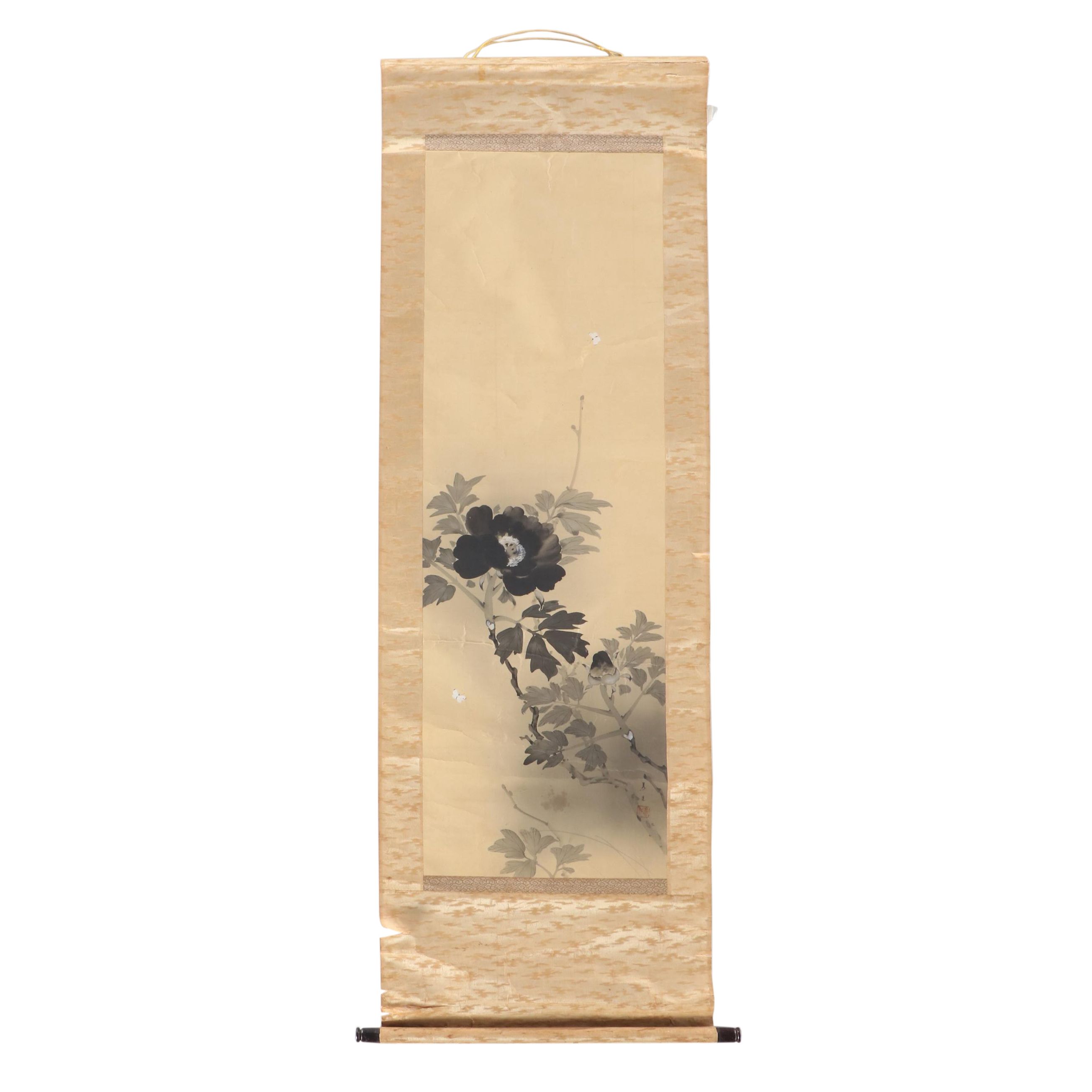 Antique Japanese Kakejiku Scroll Painting of Black Peony and Butterflies