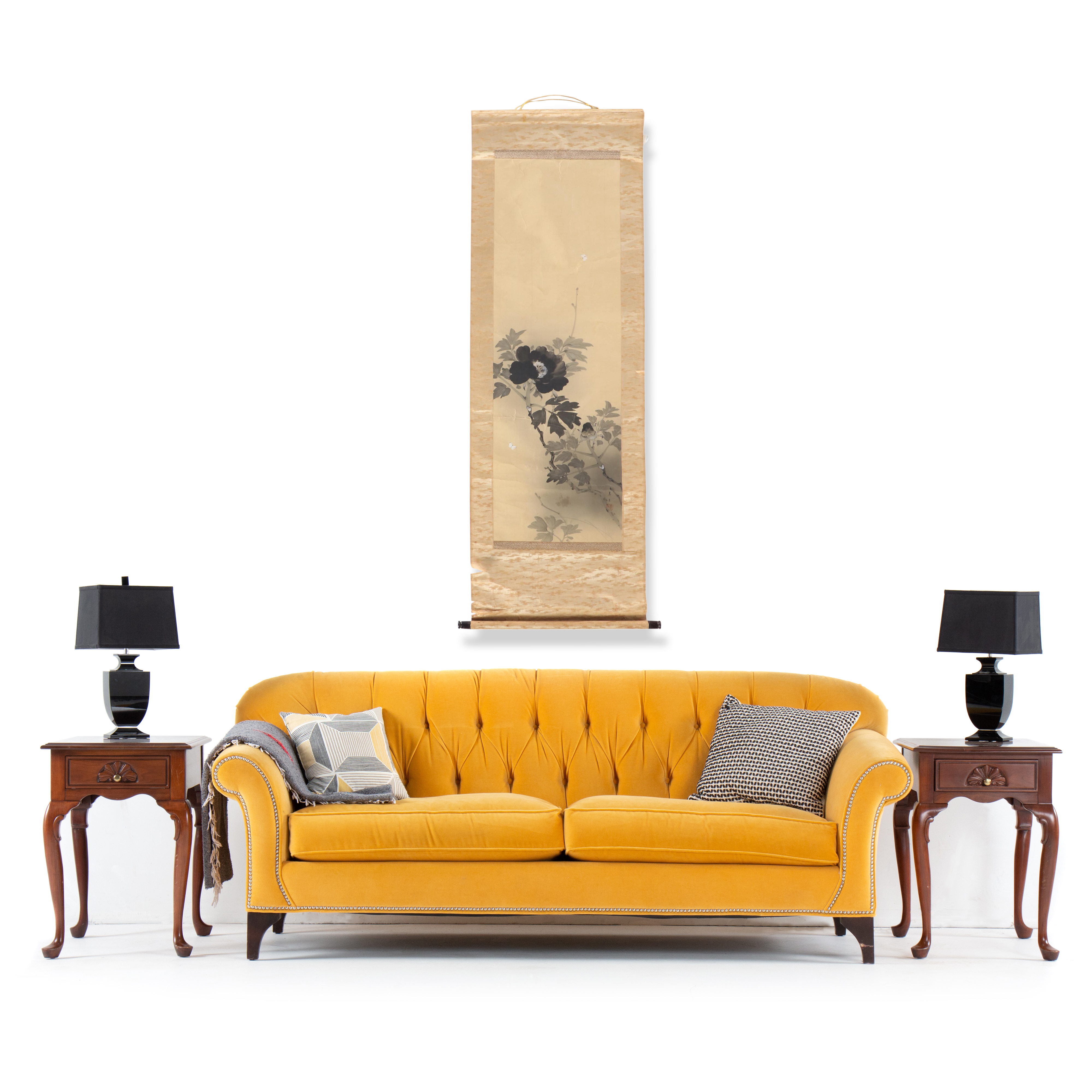 Antique Japanese Kakejiku Scroll Painting of Black Peony and Butterflies