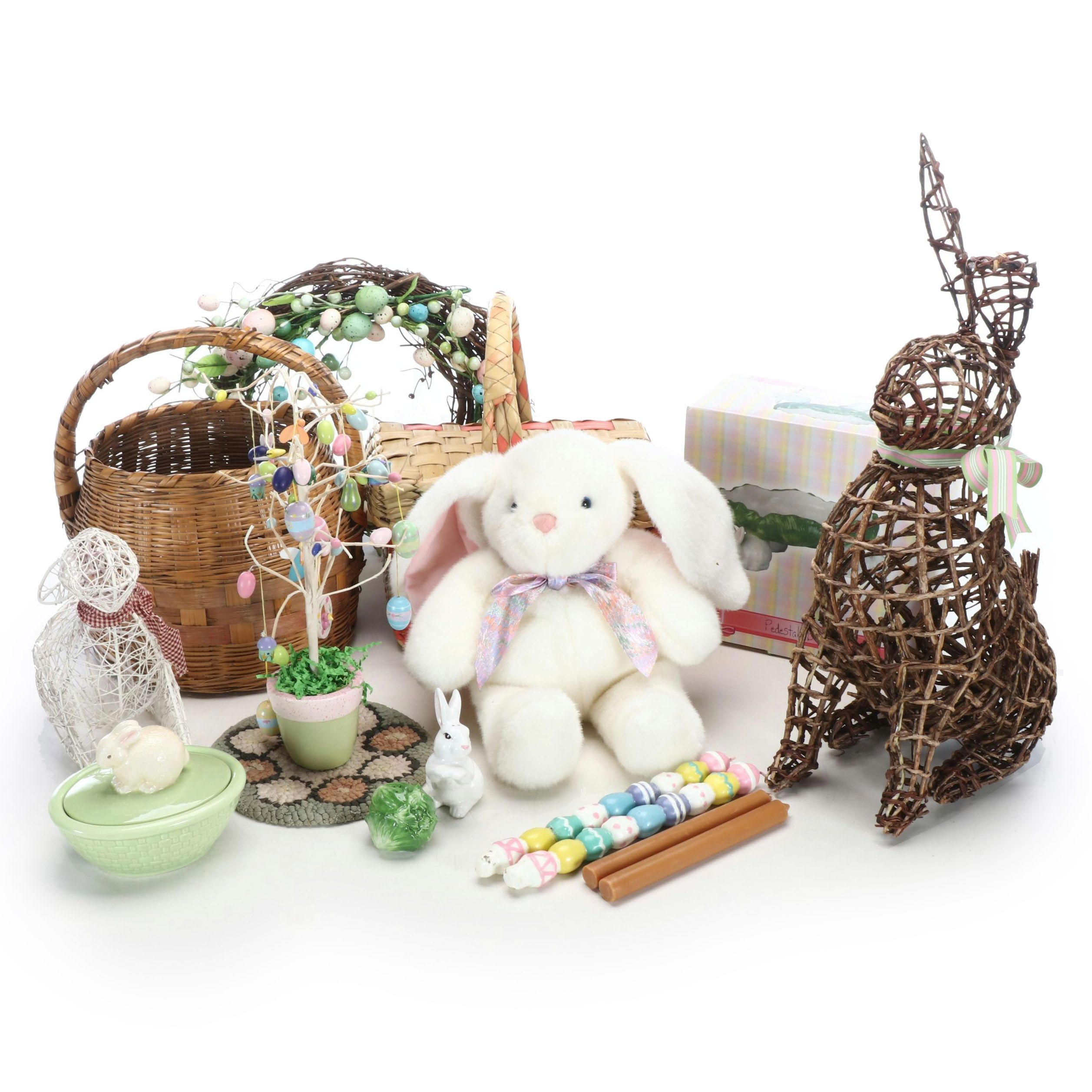 Ceramic Bunny and Cabbage Bowl and Shakers with Other Easter Décor
