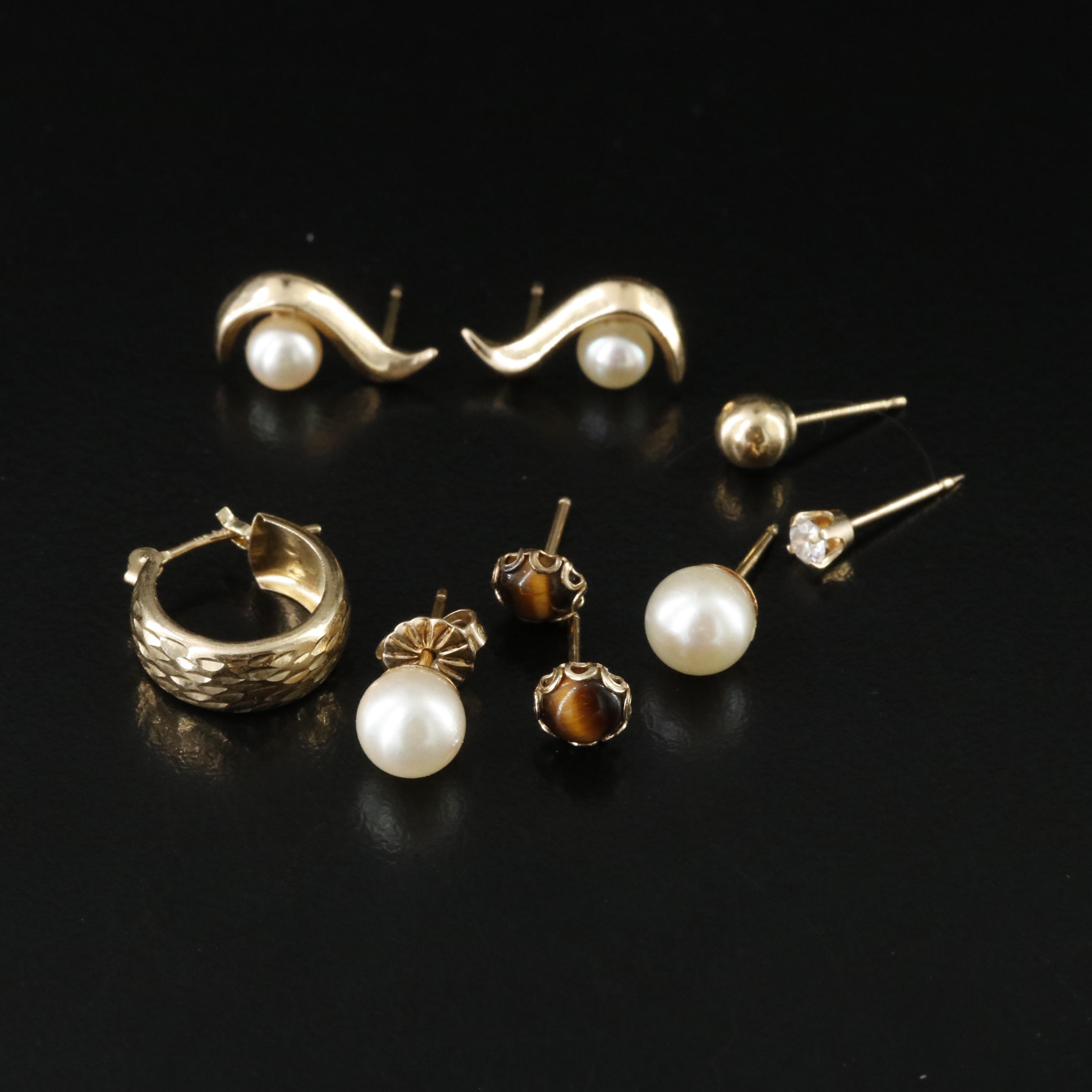 14K Earring Collection Including Pearl, CZ and Tiger's Eye