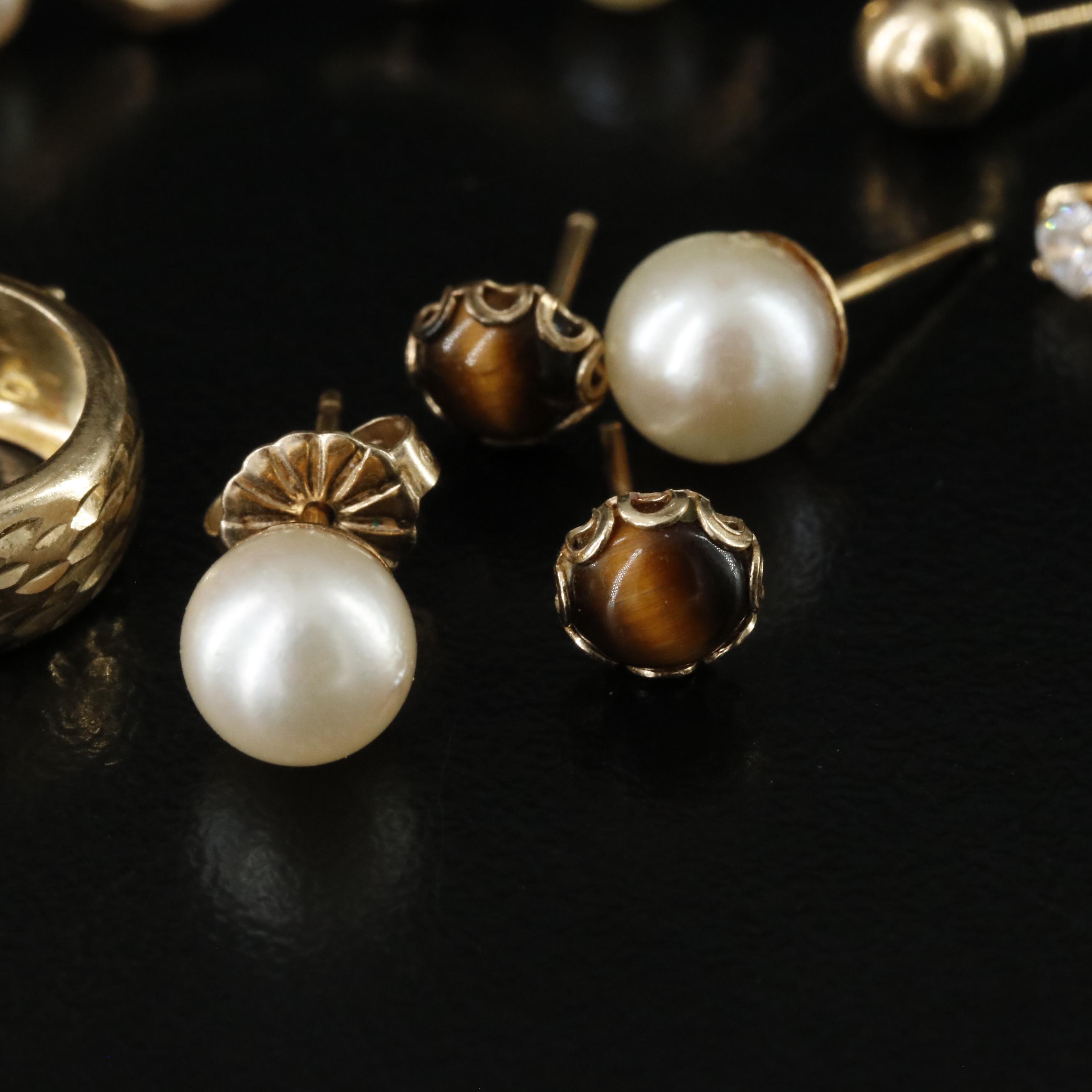 14K Earring Collection Including Pearl, CZ and Tiger's Eye