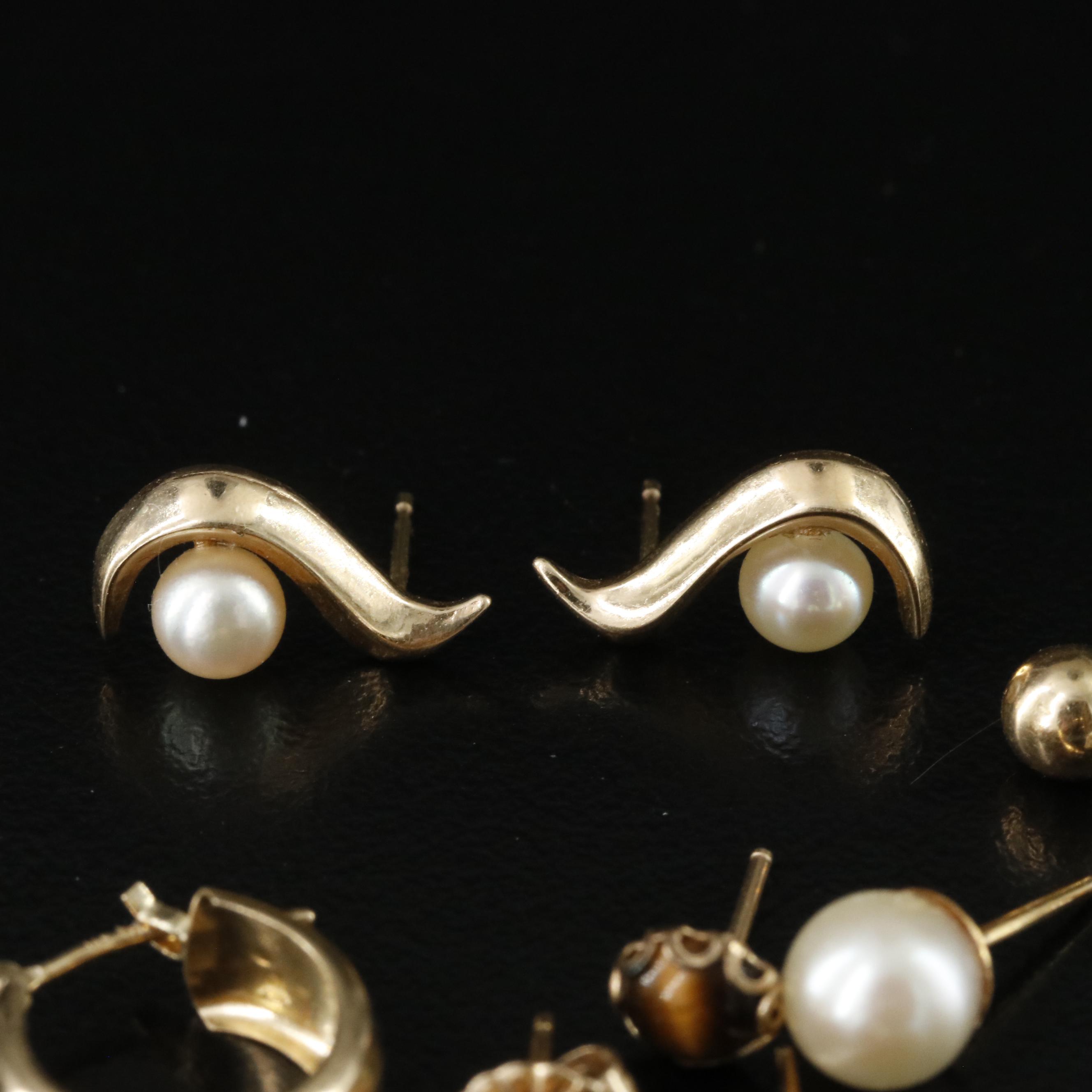 14K Earring Collection Including Pearl, CZ and Tiger's Eye