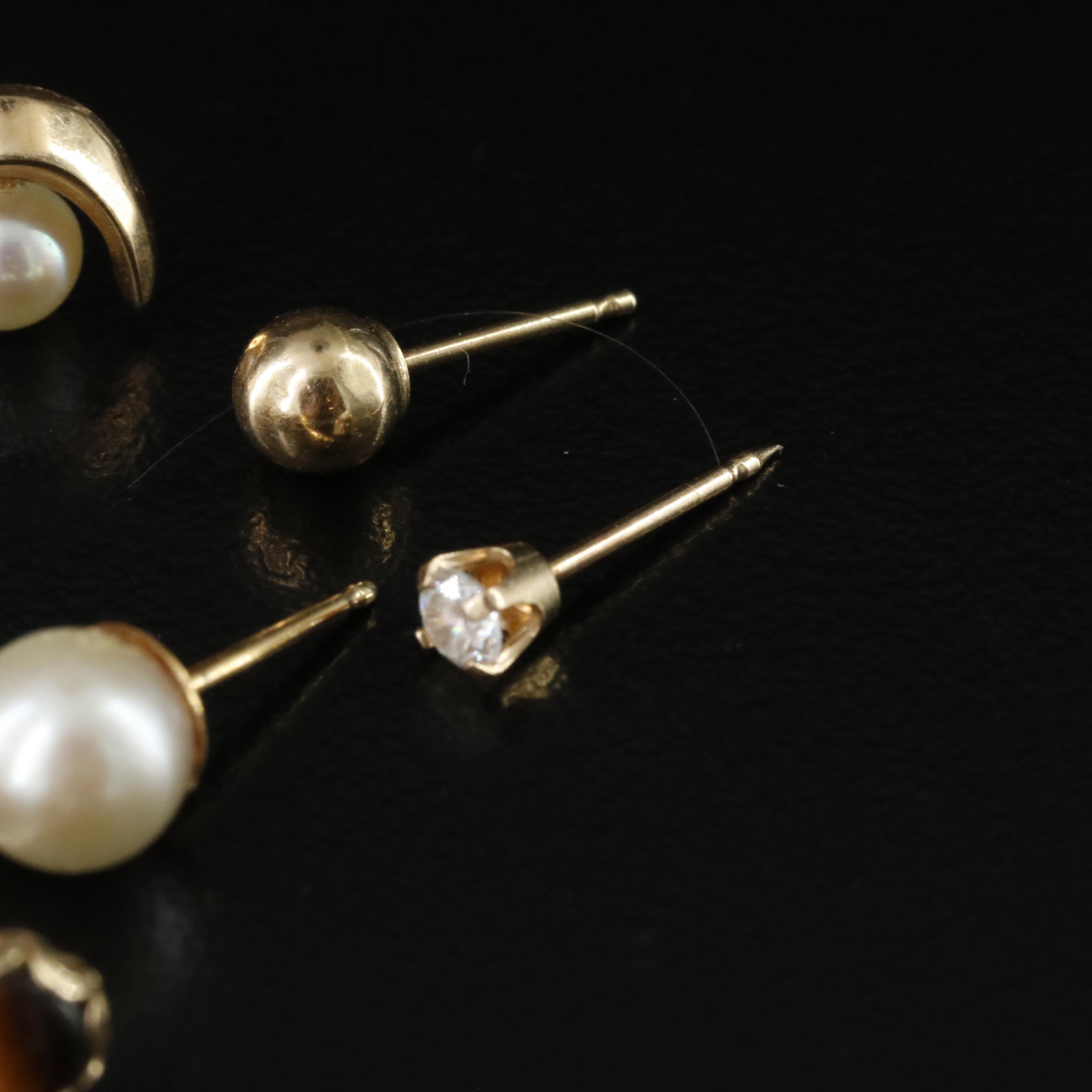 14K Earring Collection Including Pearl, CZ and Tiger's Eye
