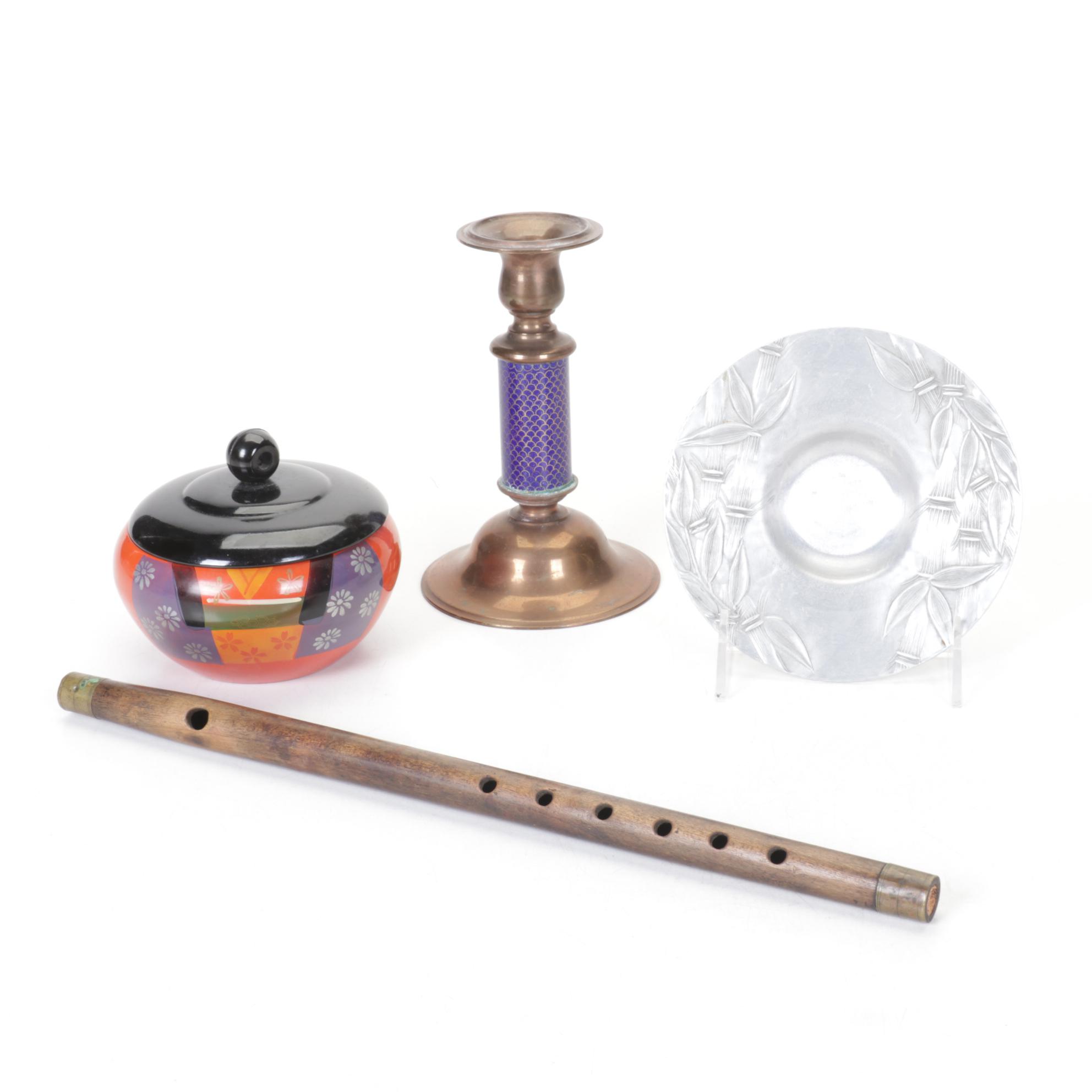 Neiman Marcus Cobalt Enamel Candlestick, Wooden Fife with Brass Caps and More