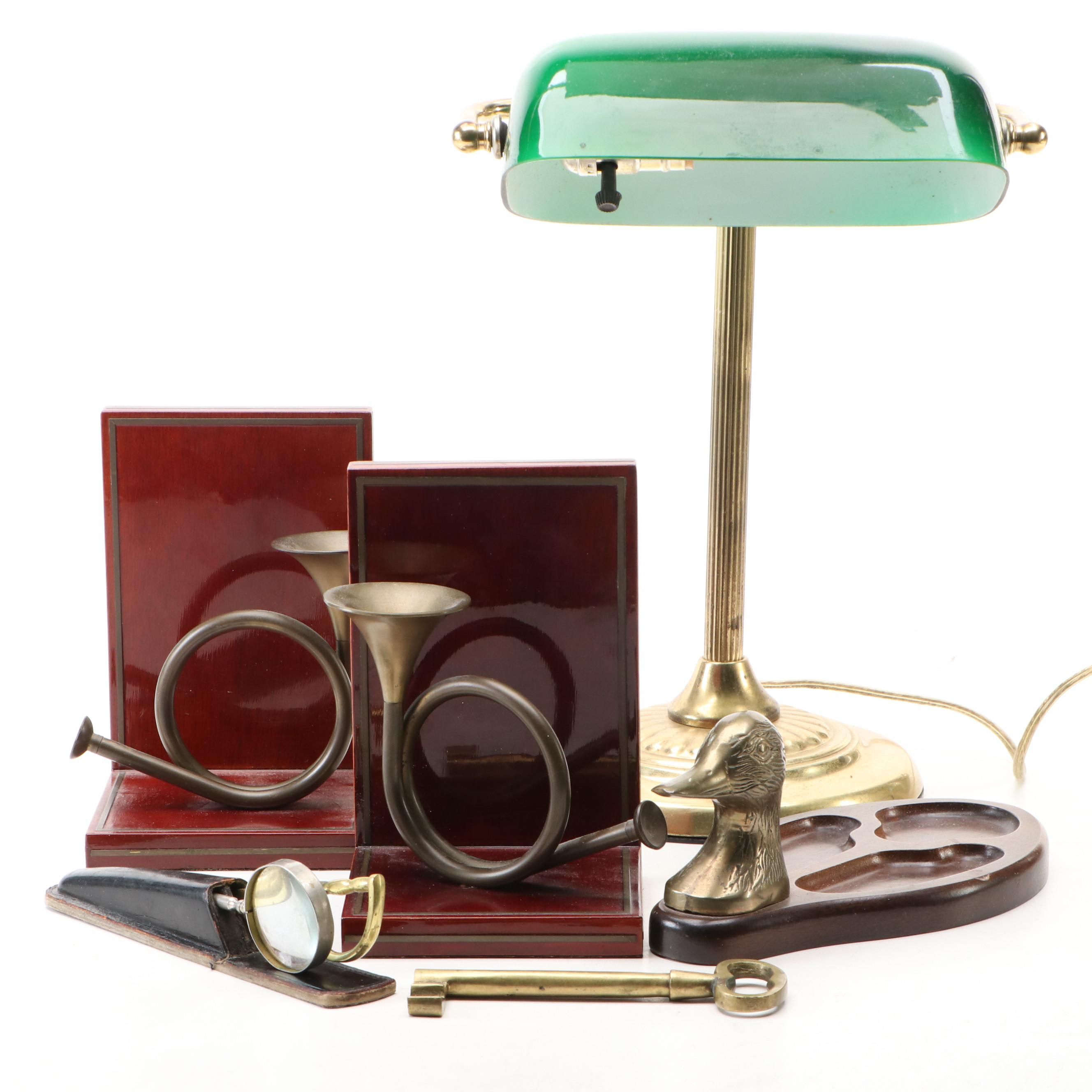 Banker's Lamp, French Horn Bookends, Duck Tray, and More