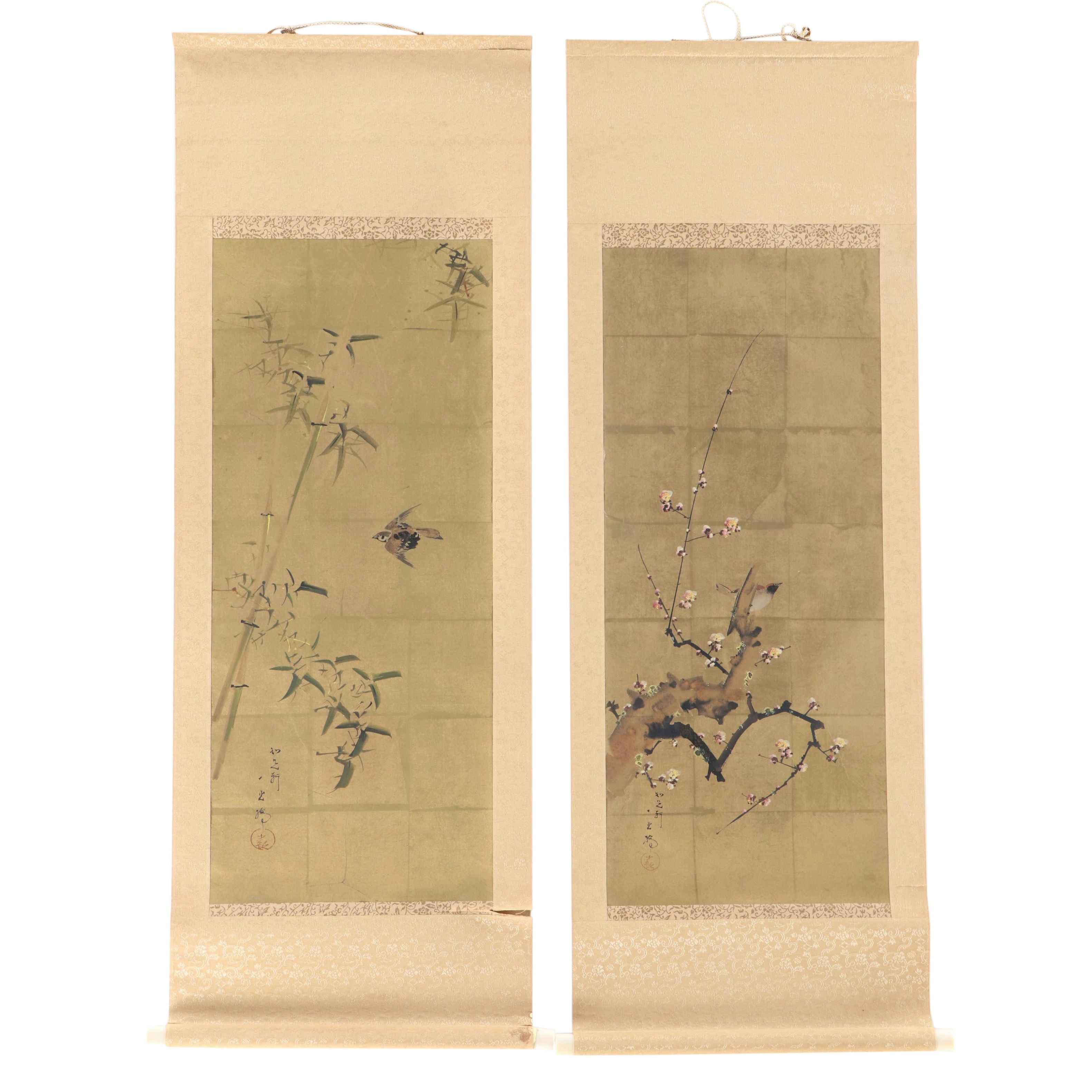 Antique Japanese Kachō-ga Kakejiku Scroll Paintings