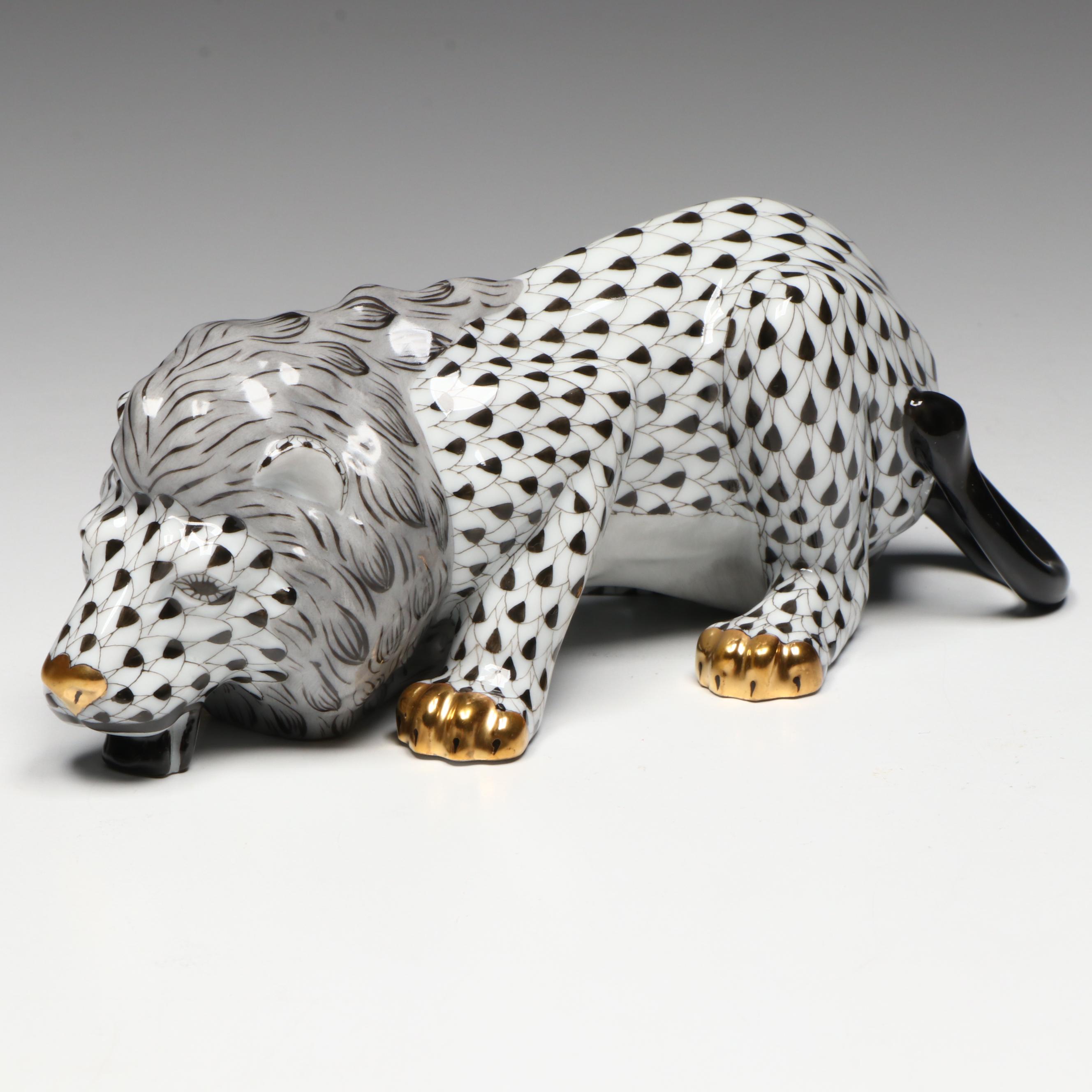 Herend 175th Anniversary Edition Black Fishnet "Lion" Porcelain Figurine, 2001