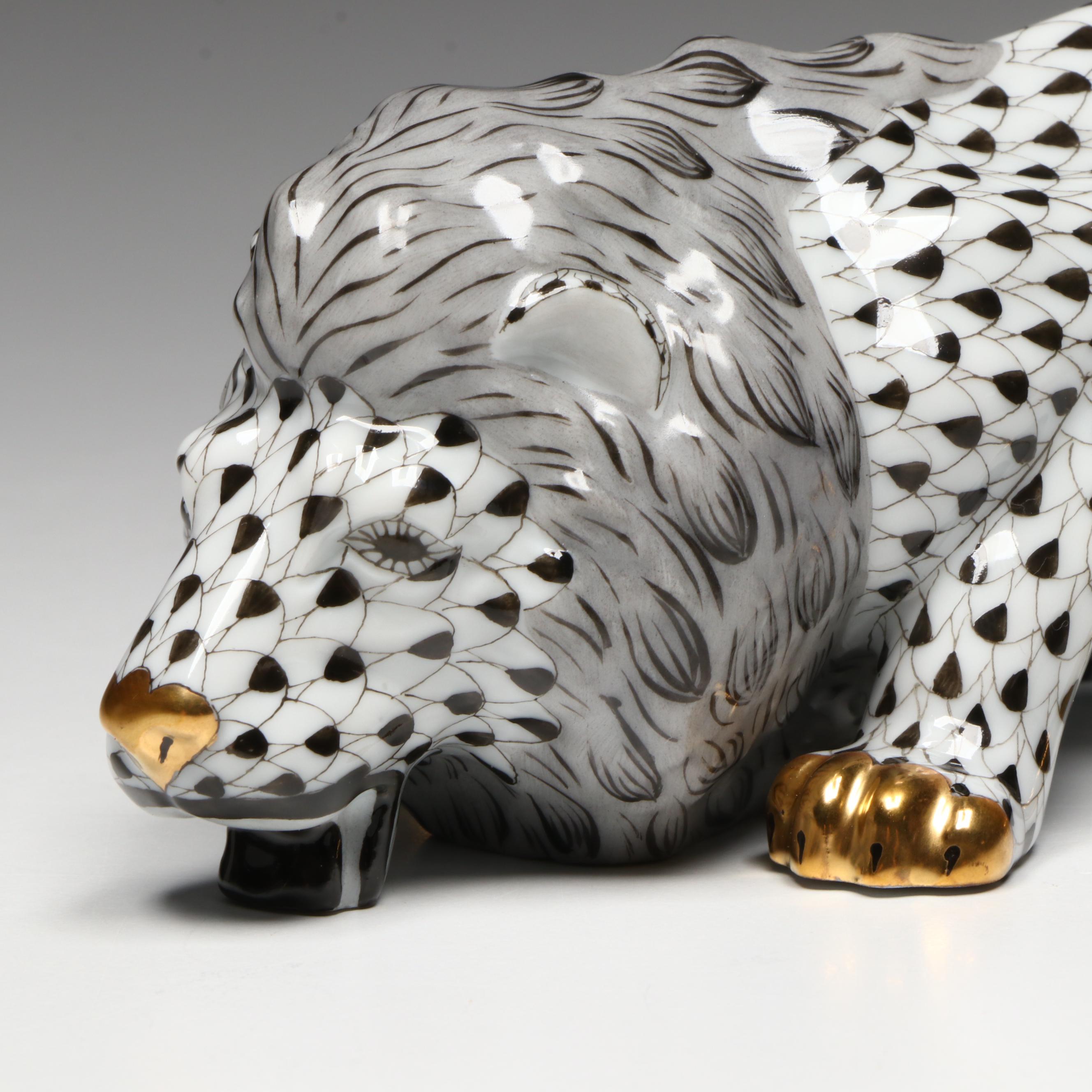 Herend 175th Anniversary Edition Black Fishnet "Lion" Porcelain Figurine, 2001