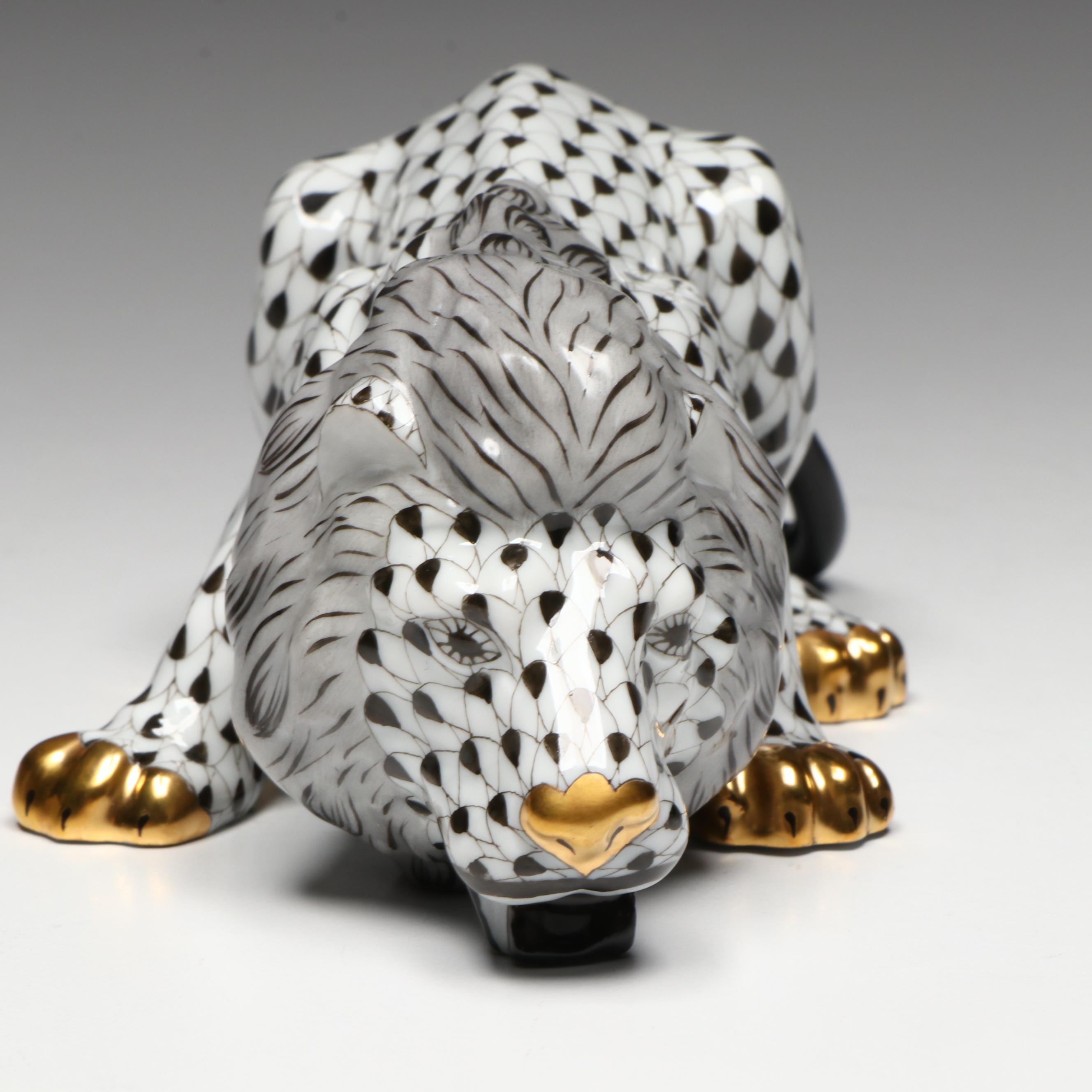 Herend 175th Anniversary Edition Black Fishnet "Lion" Porcelain Figurine, 2001