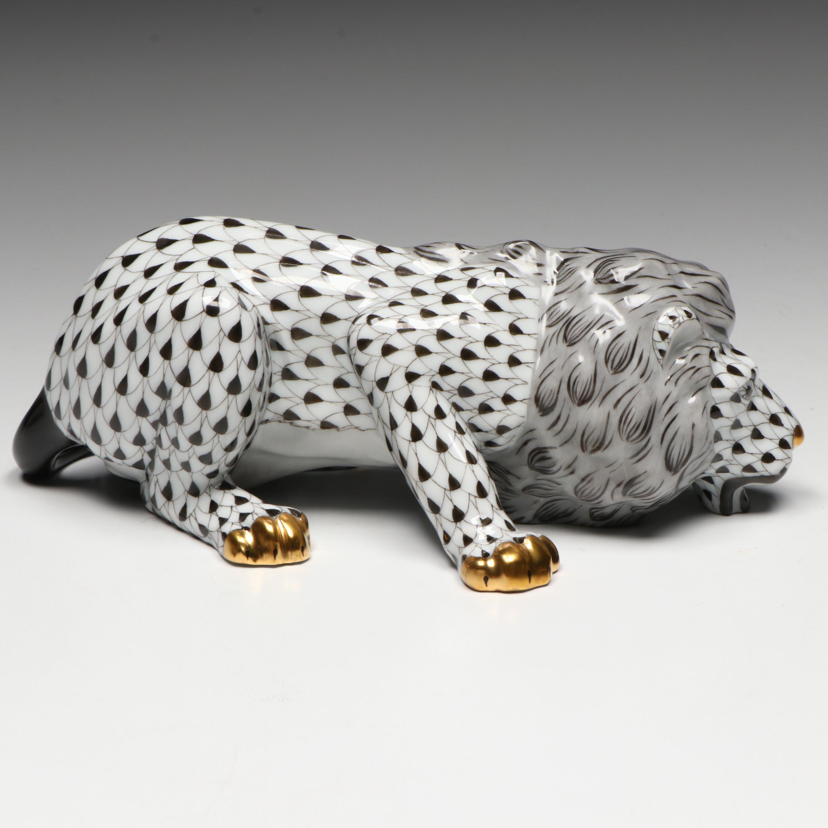 Herend 175th Anniversary Edition Black Fishnet "Lion" Porcelain Figurine, 2001