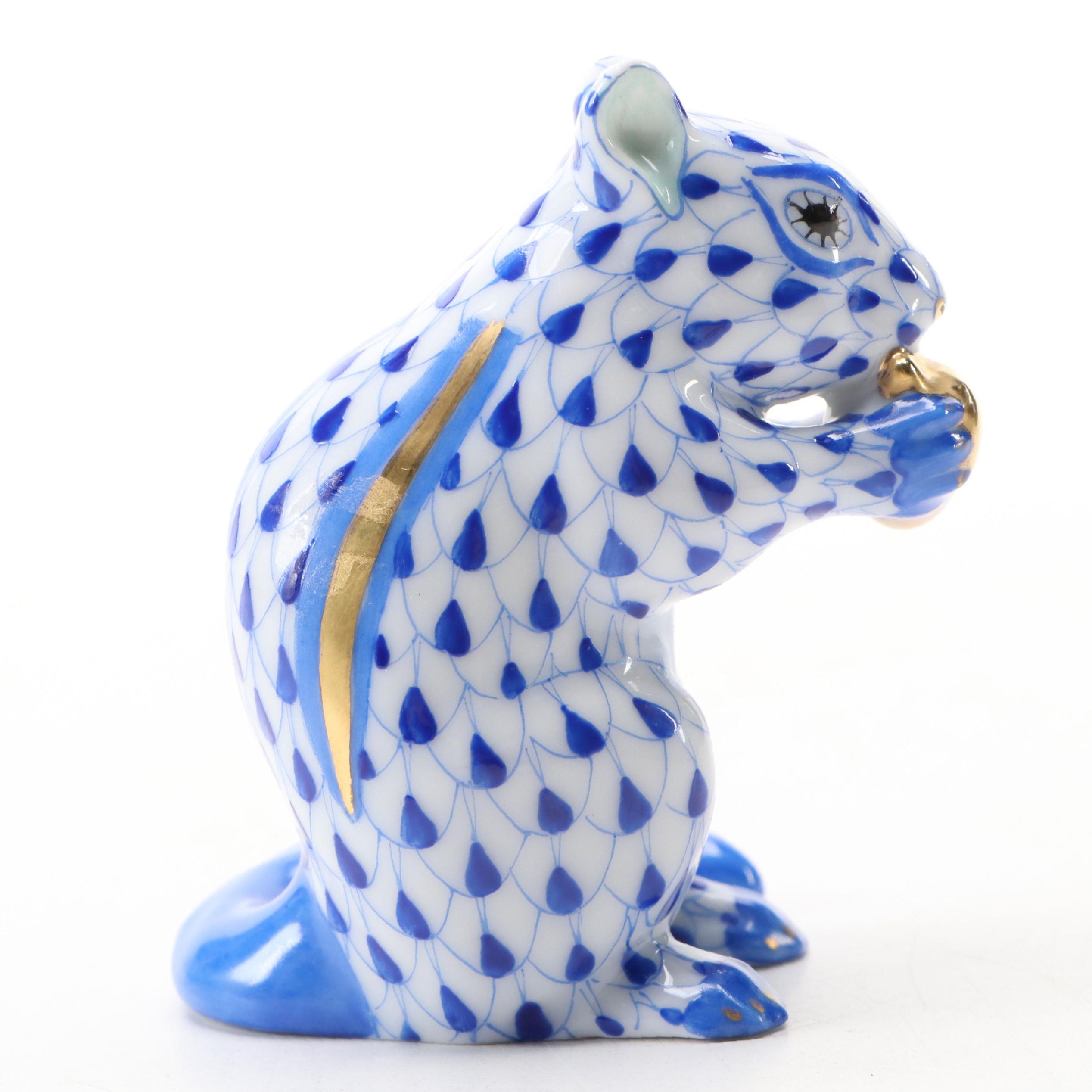 Herend Blue Fishnet With Gold "Chipmunk with Acorn" Porcelain Figure