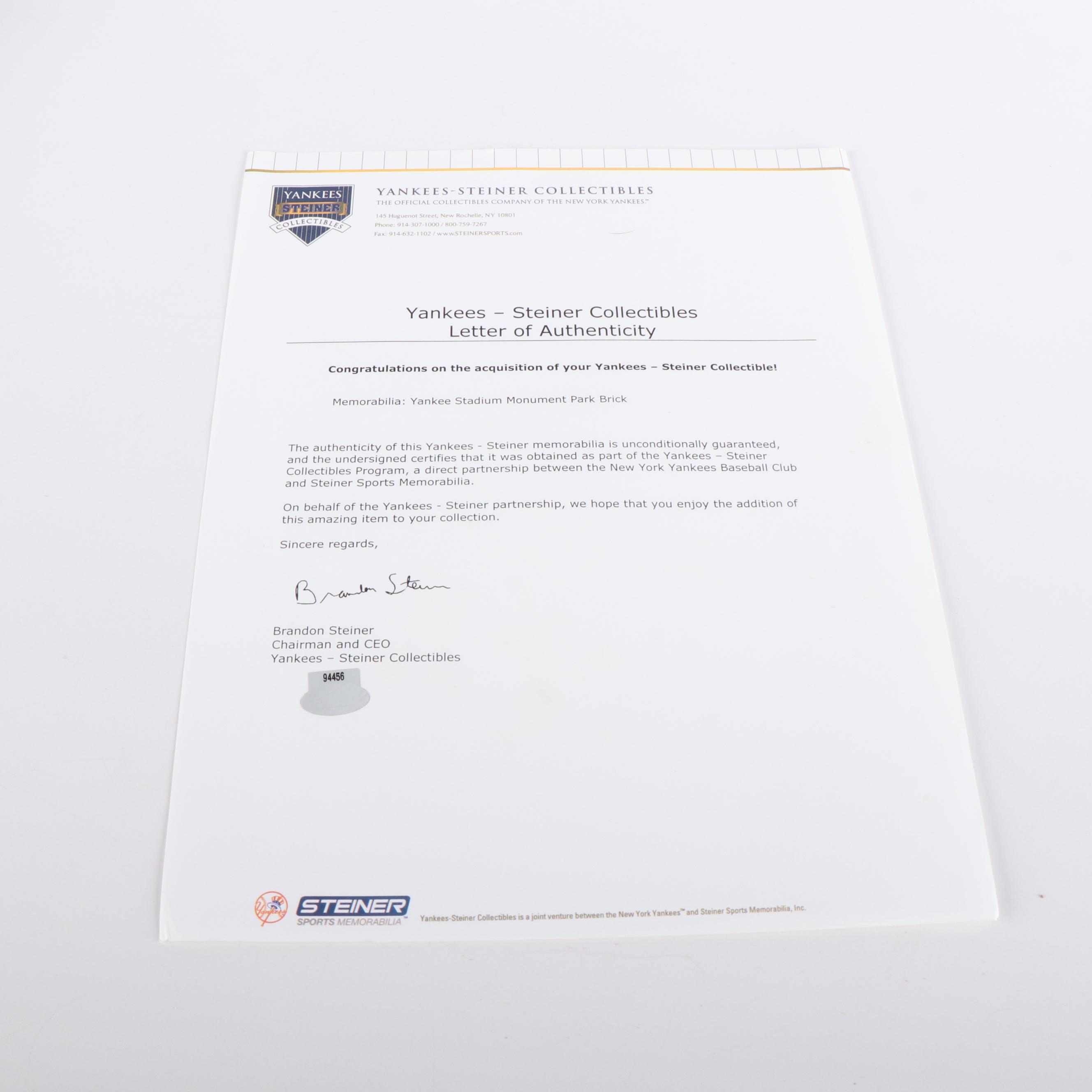 Yankees Stadium Monument Park Brick, Steiner