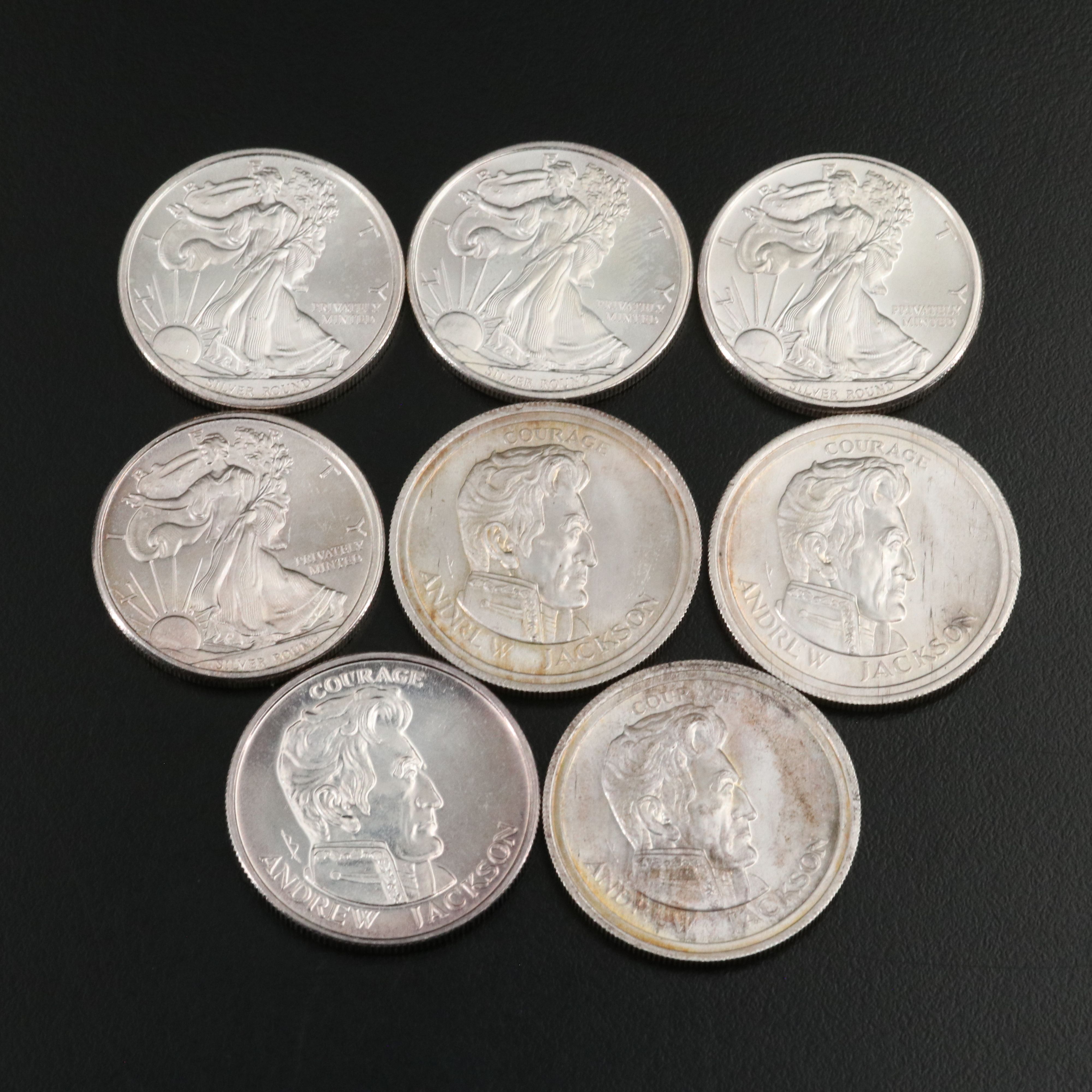Eight Various 1/2 Troy Ounce Silver Bullion Rounds