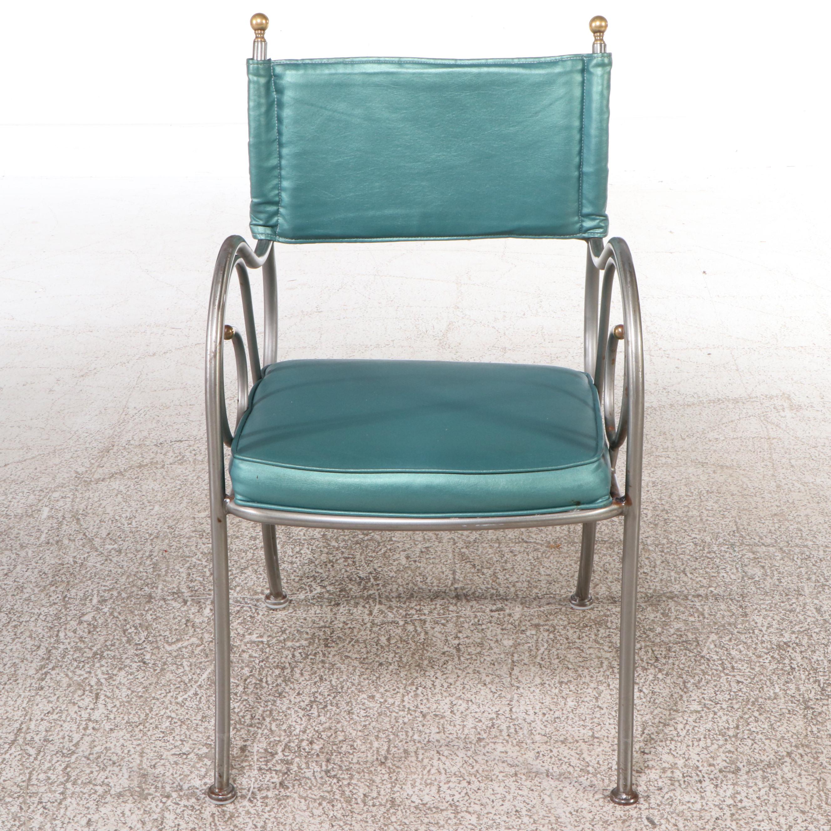 Five-Piece Pearl Vinyl Upholstered Scrollwork Steel and Gold Tip Dining Set