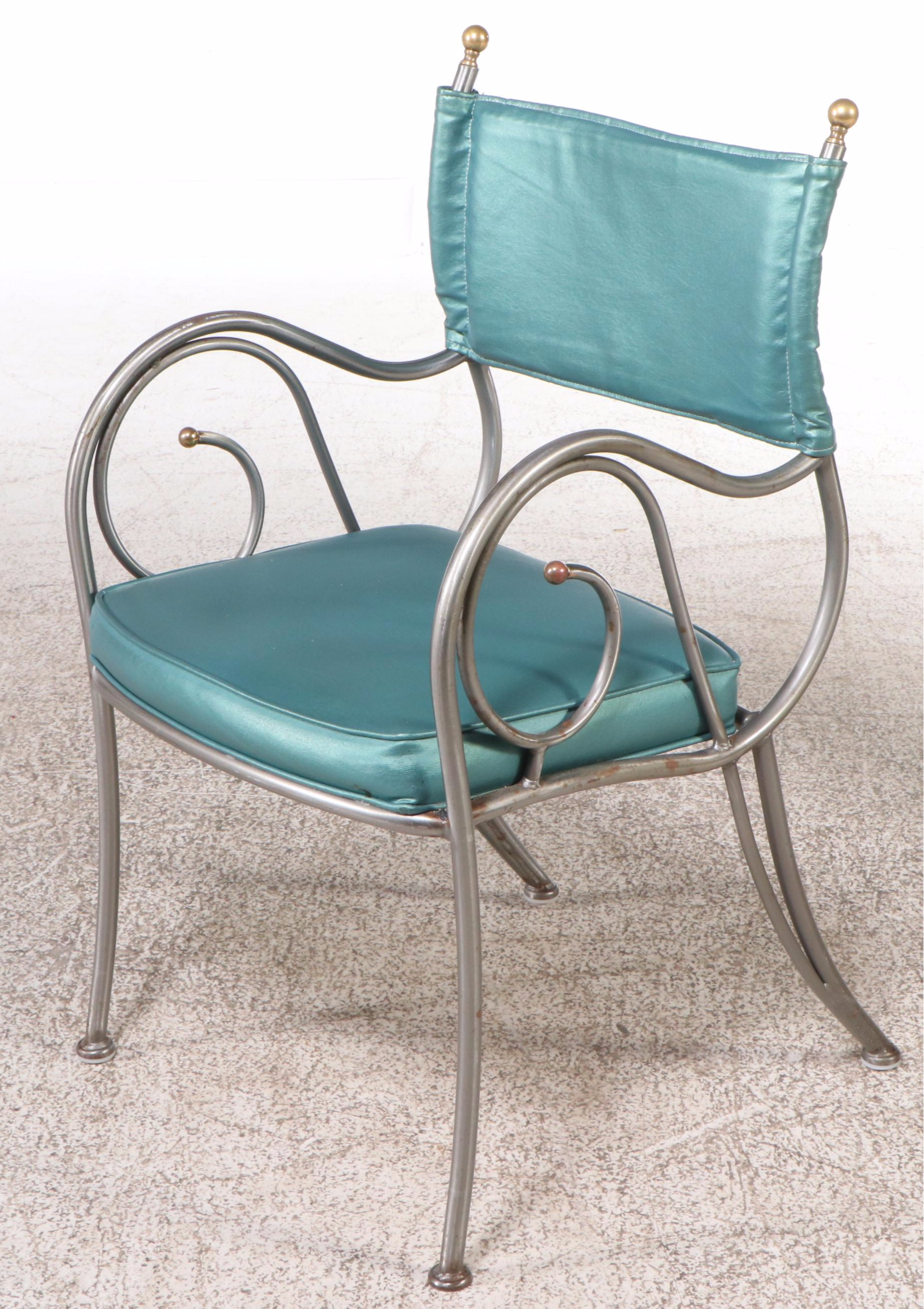 Five-Piece Pearl Vinyl Upholstered Scrollwork Steel and Gold Tip Dining Set