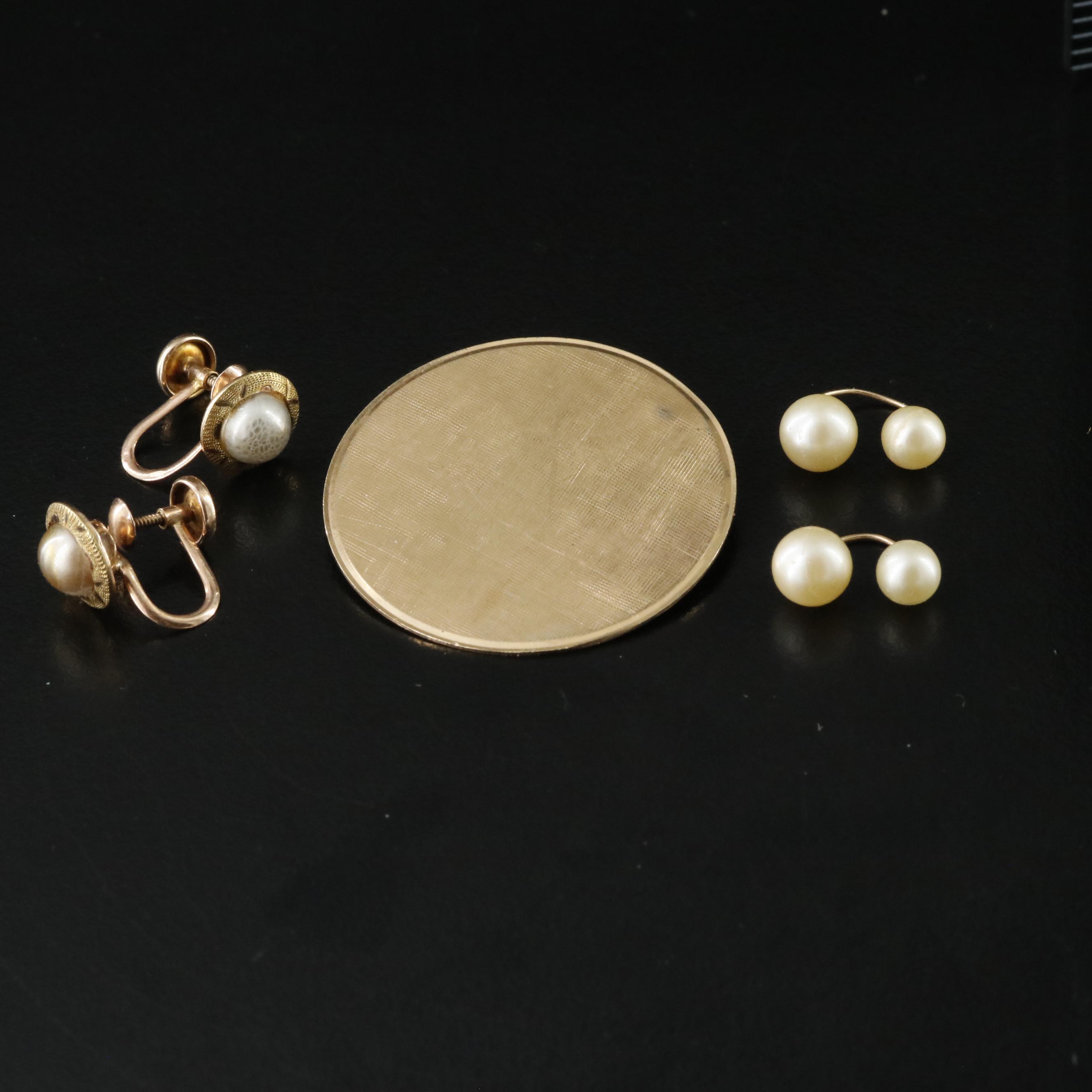14K Crosshatch Disc Brooch and Faux Pearl Earrings Including 10K