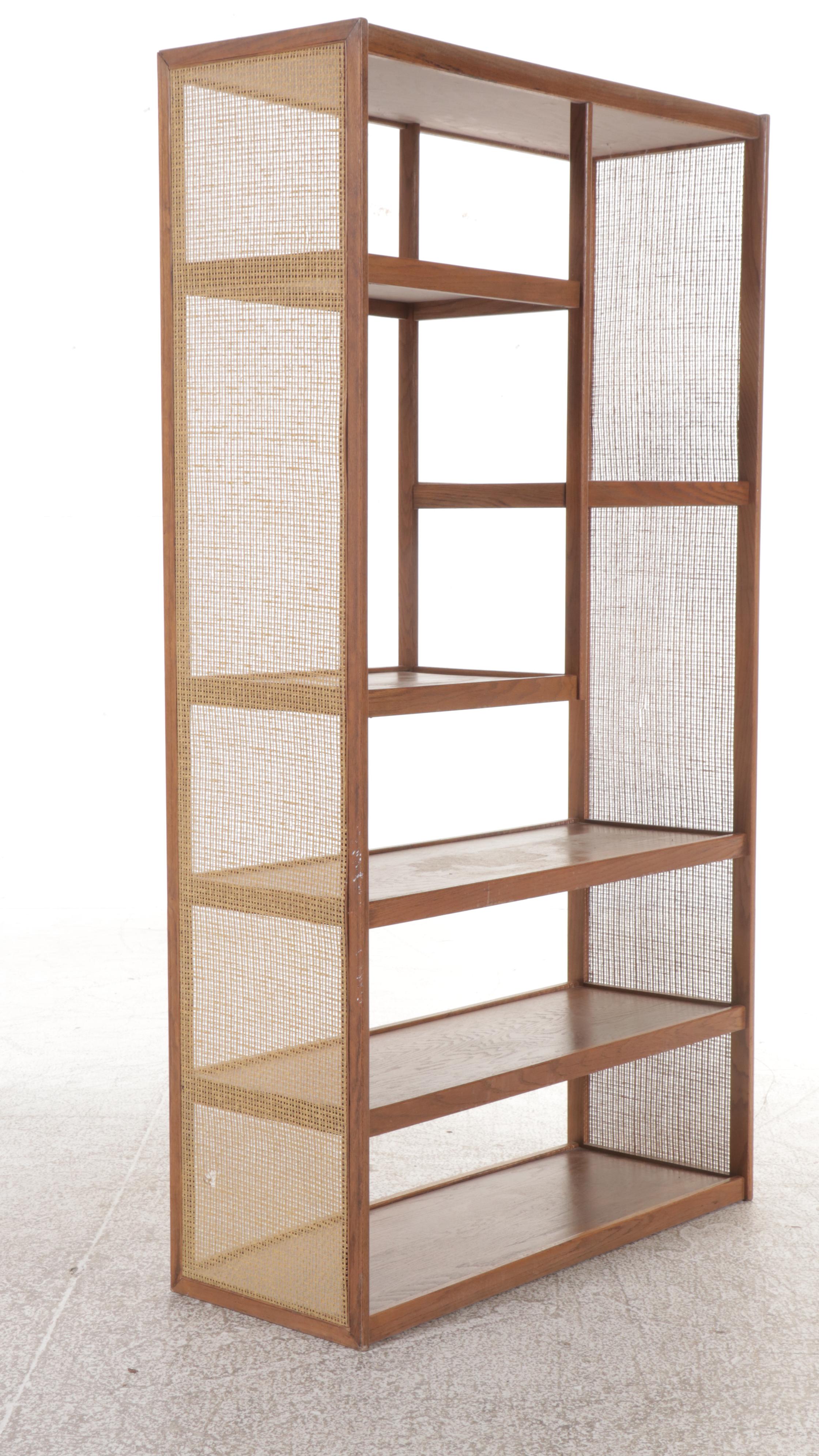 Mid Century Modern Oak Bookcase with Caned Sides