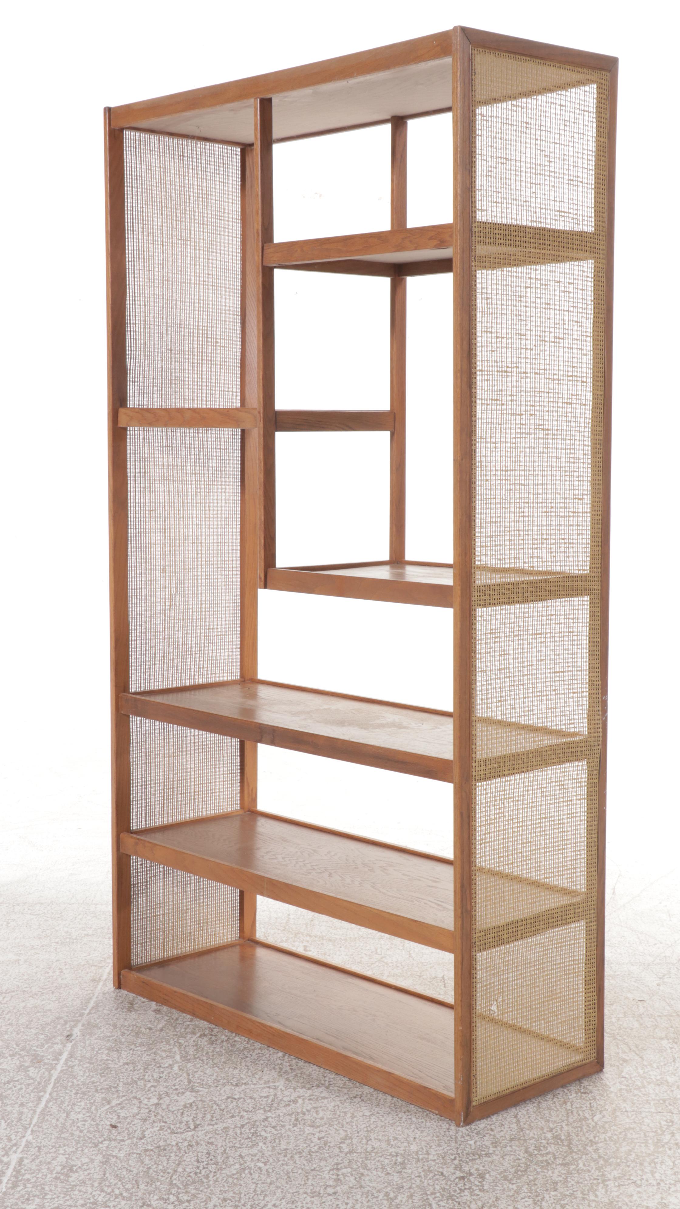 Mid Century Modern Oak Bookcase with Caned Sides