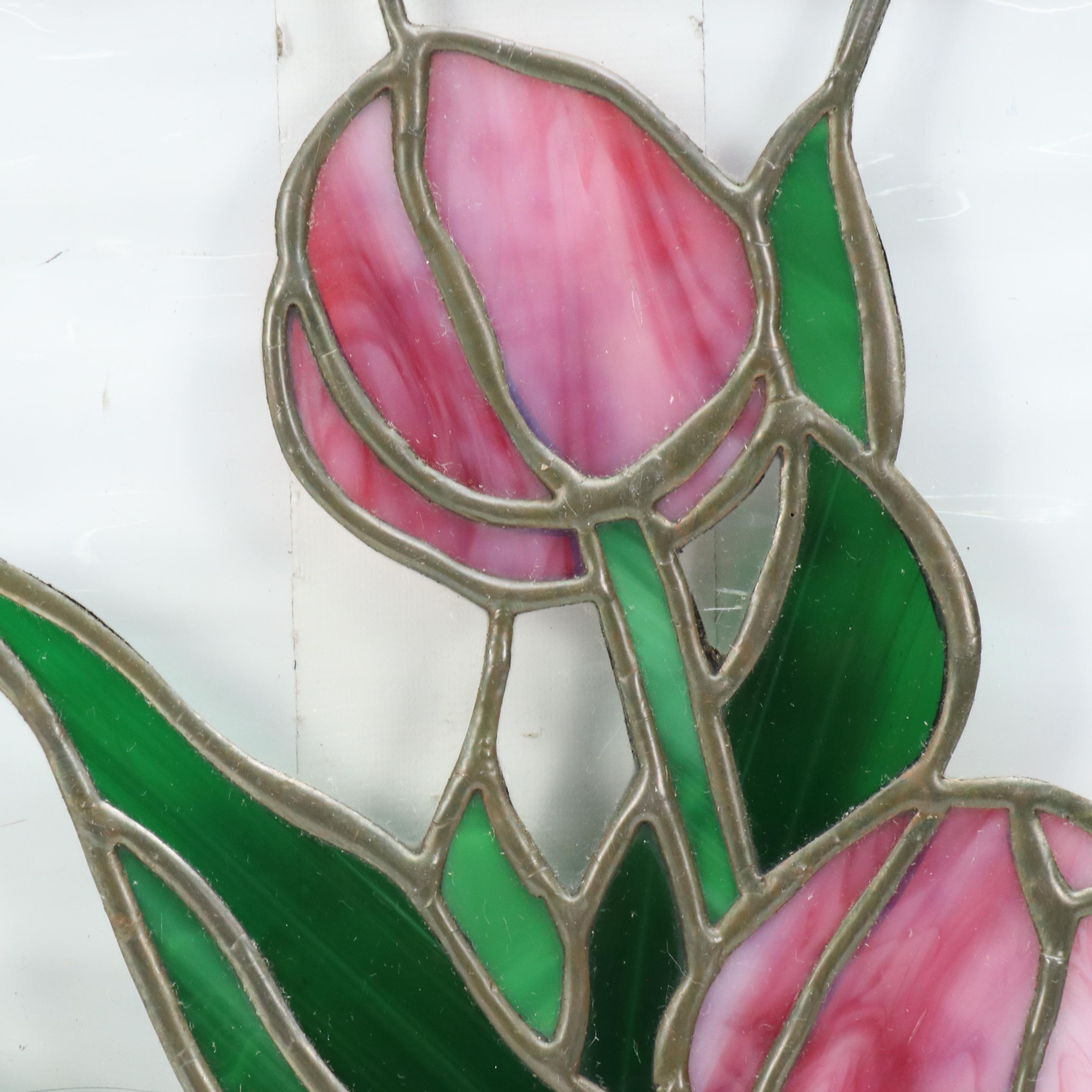 Floral Stained Glass Panel with Pink Tulips