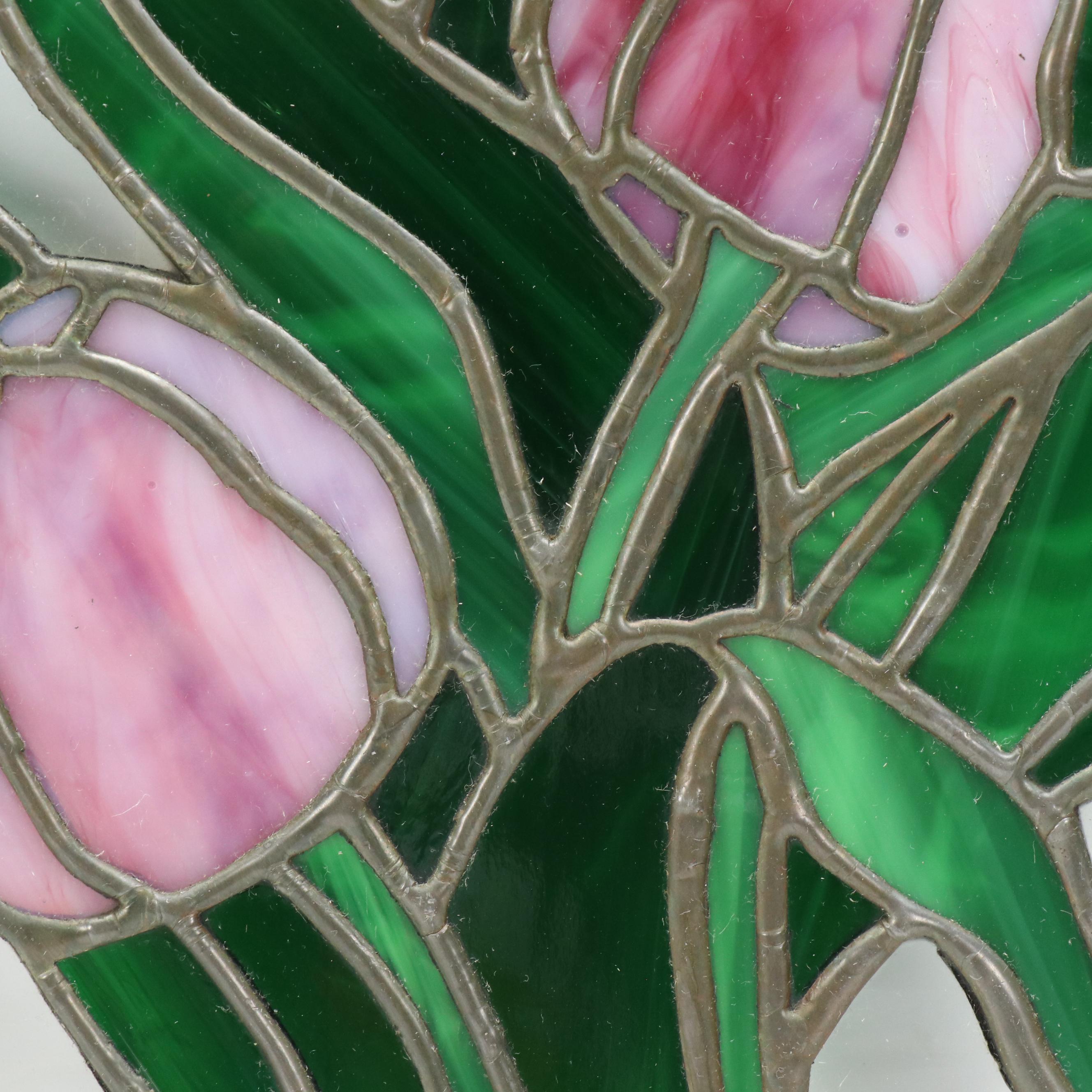 Floral Stained Glass Panel with Pink Tulips