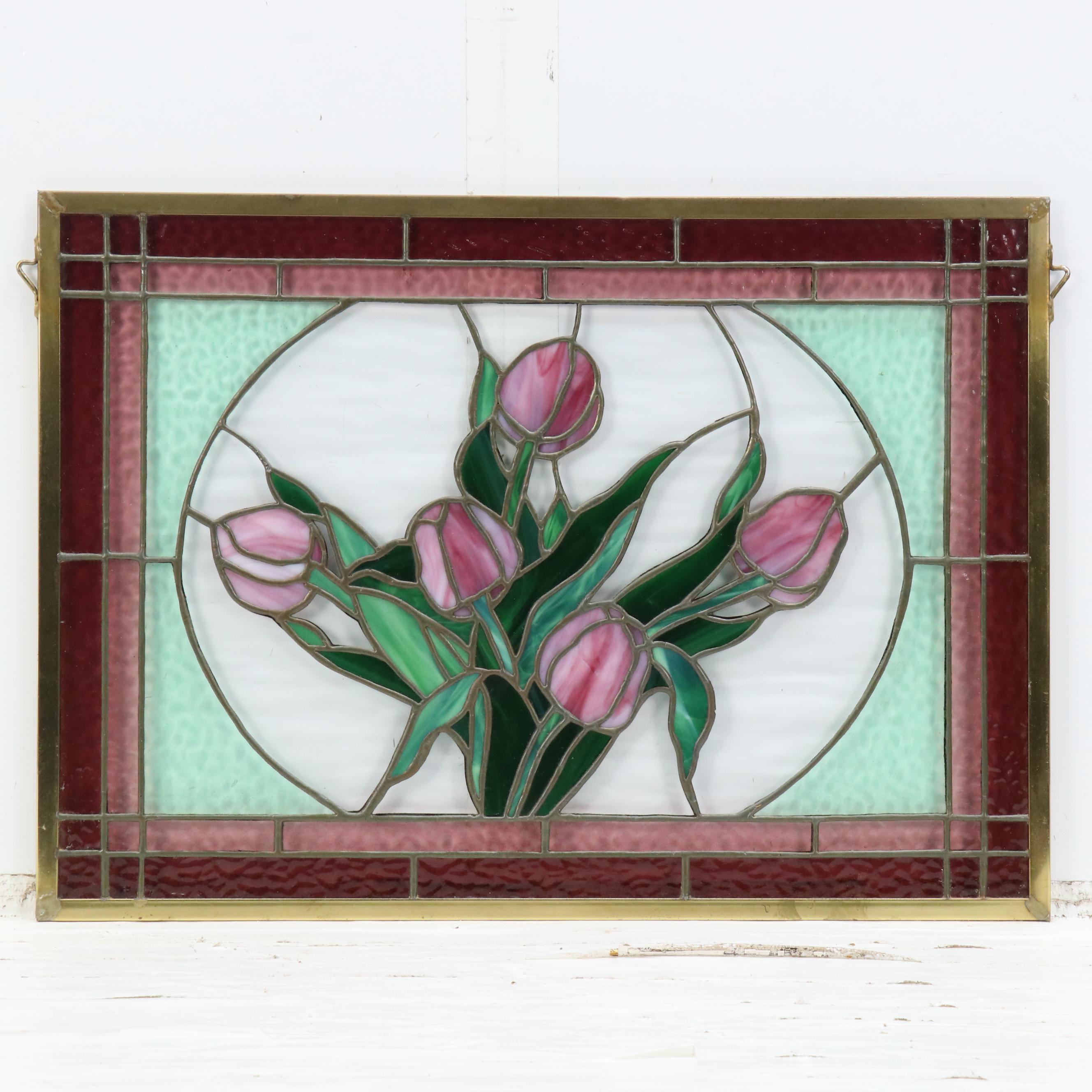 Floral Stained Glass Panel with Pink Tulips
