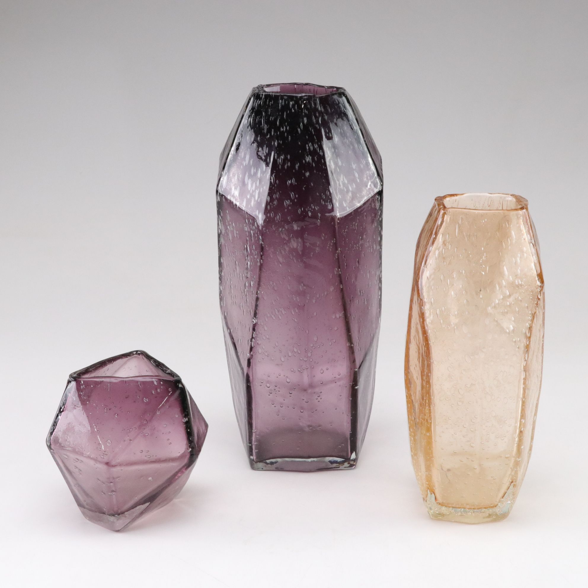 Amethyst and Amber Blown Glass Abstract Geometric Bullicante Vases