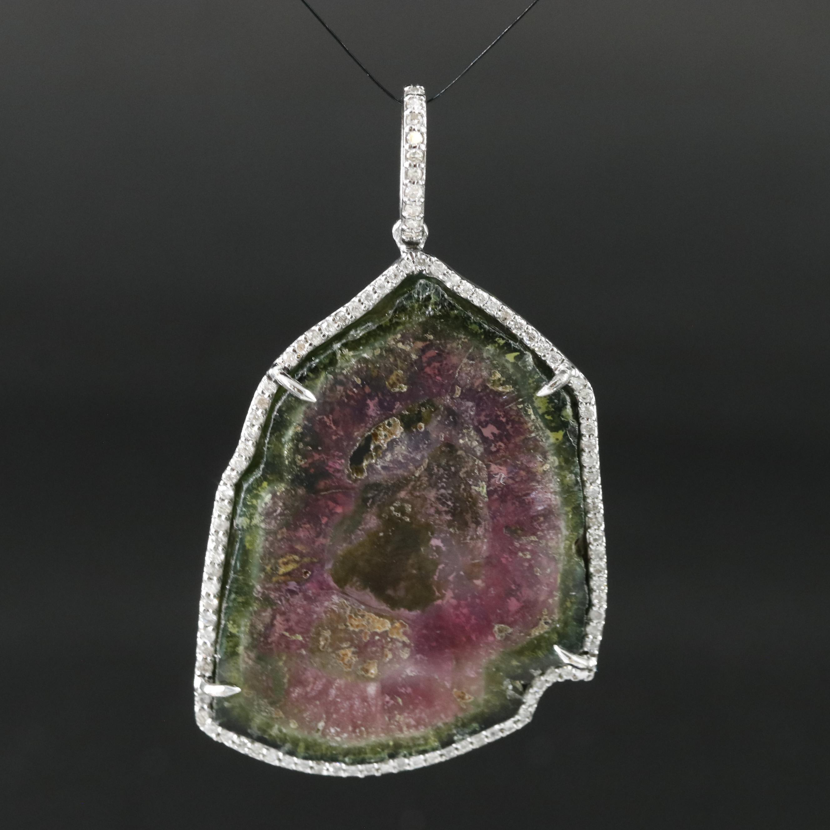 Watermelon Tourmaline and Diamond Pendant Attributed to Sheryl Lowe
