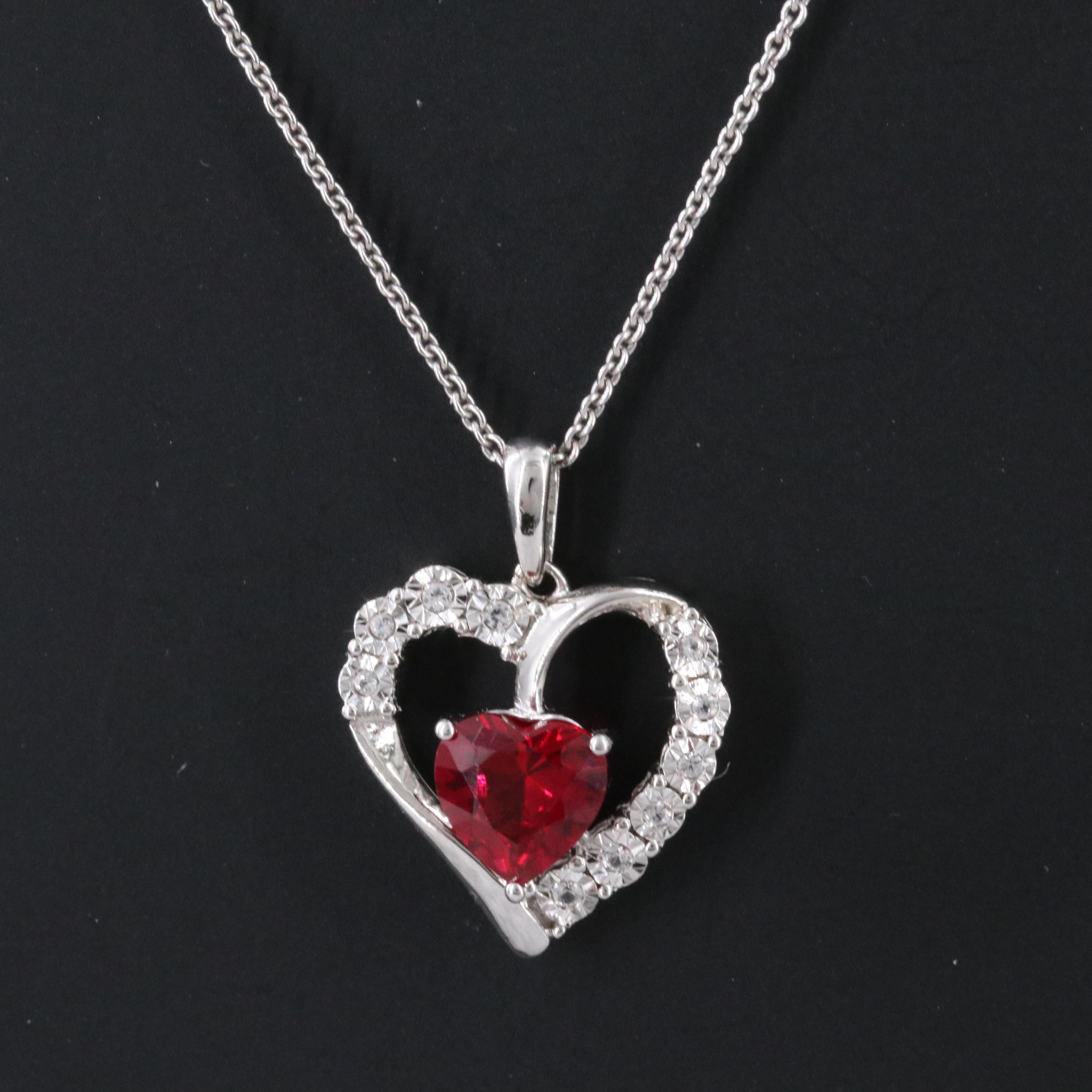 Sterling Ruby and White Sapphire Heart Pendant Necklace