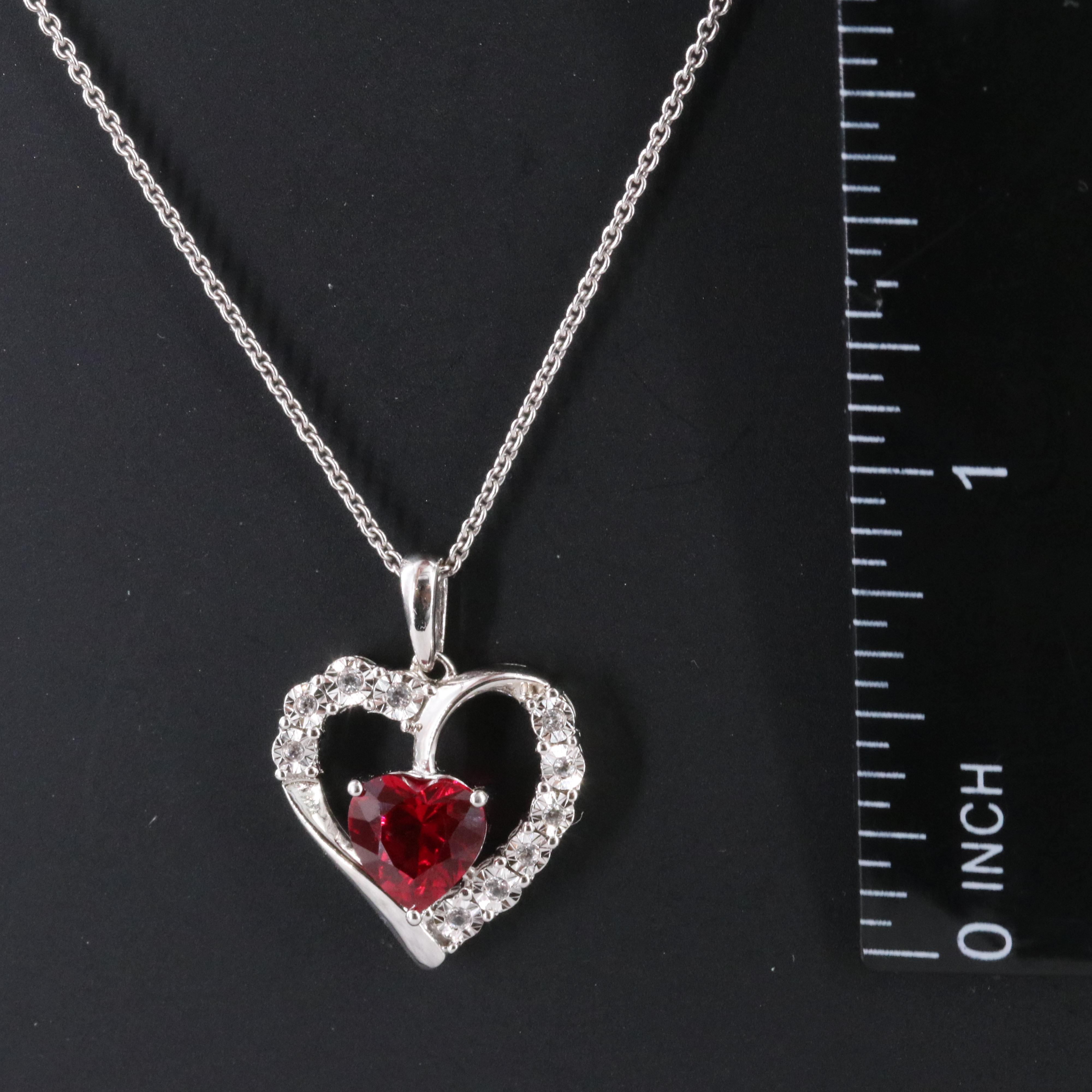 Sterling Ruby and White Sapphire Heart Pendant Necklace