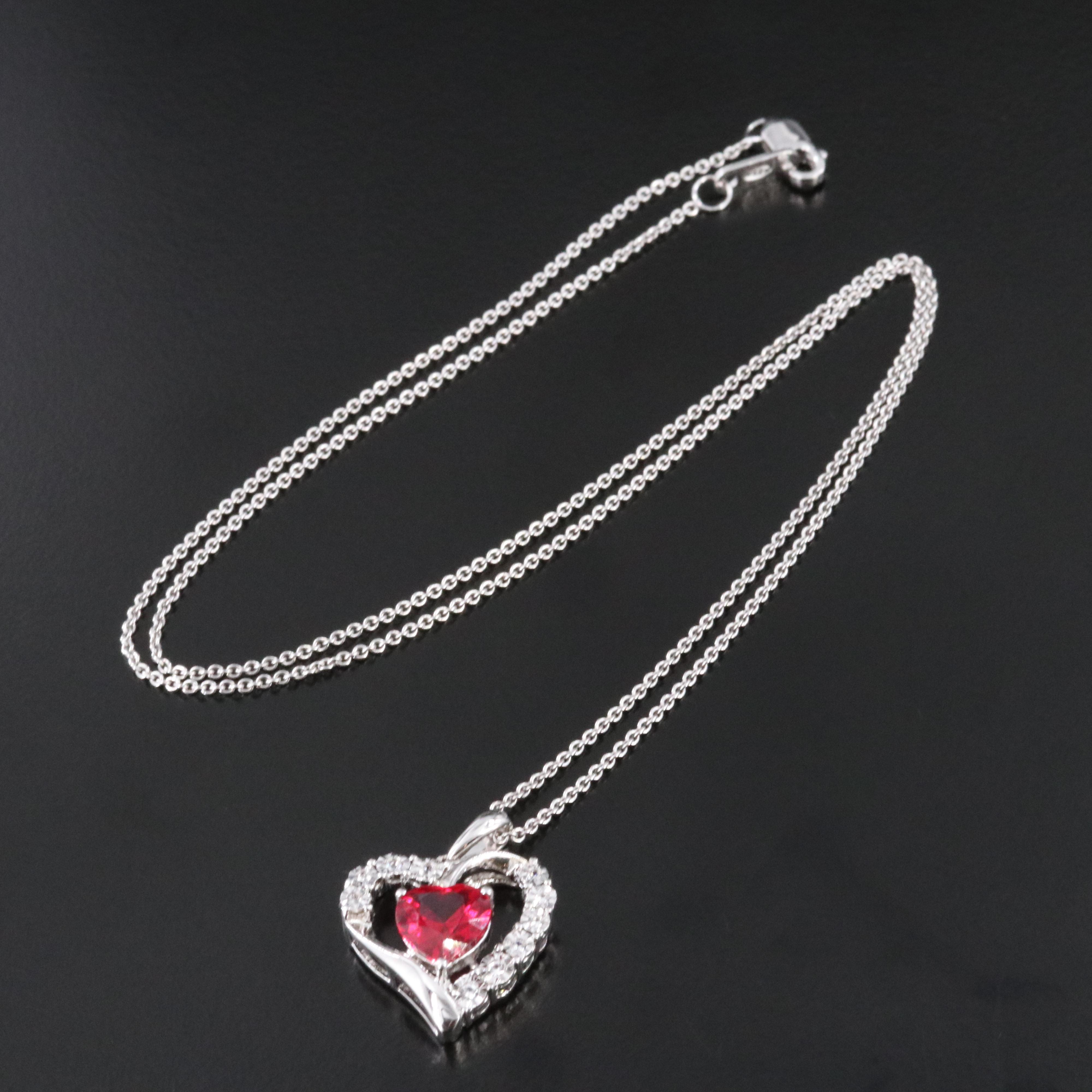 Sterling Ruby and White Sapphire Heart Pendant Necklace