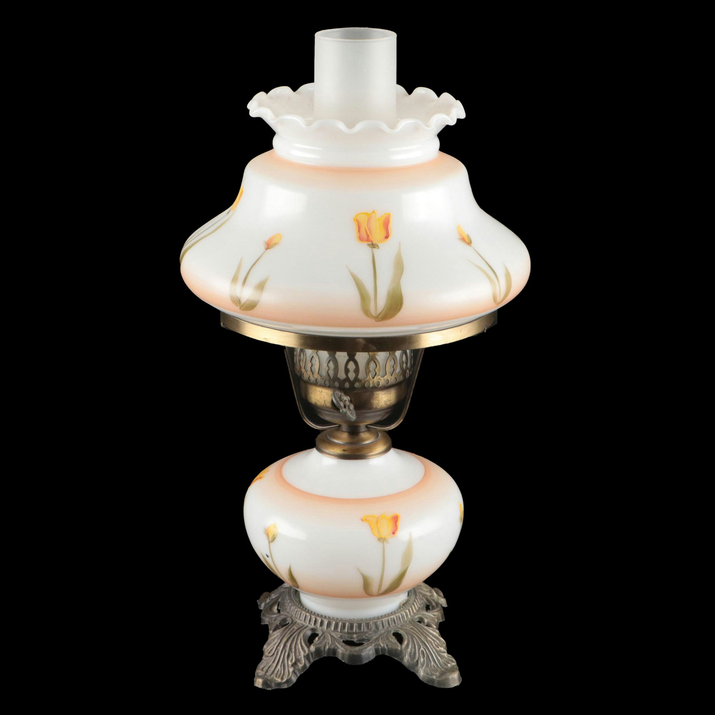 Victorian Style Orange Tulips Hand-Painted Milk Glass Parlor or Boudoir Lamp