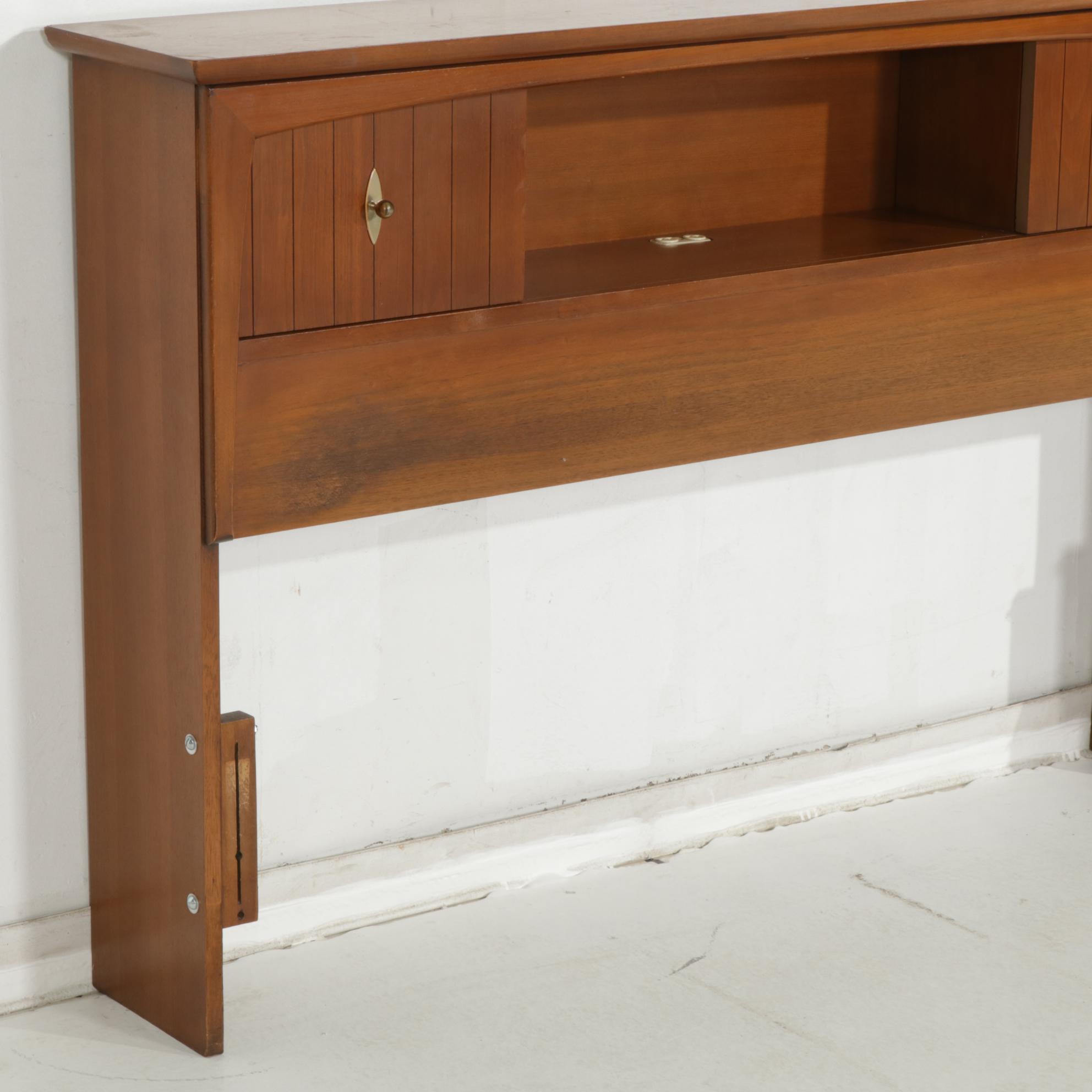 Mid Century Modern Walnut Full Size Bookshelf Headboard with Sliding Doors