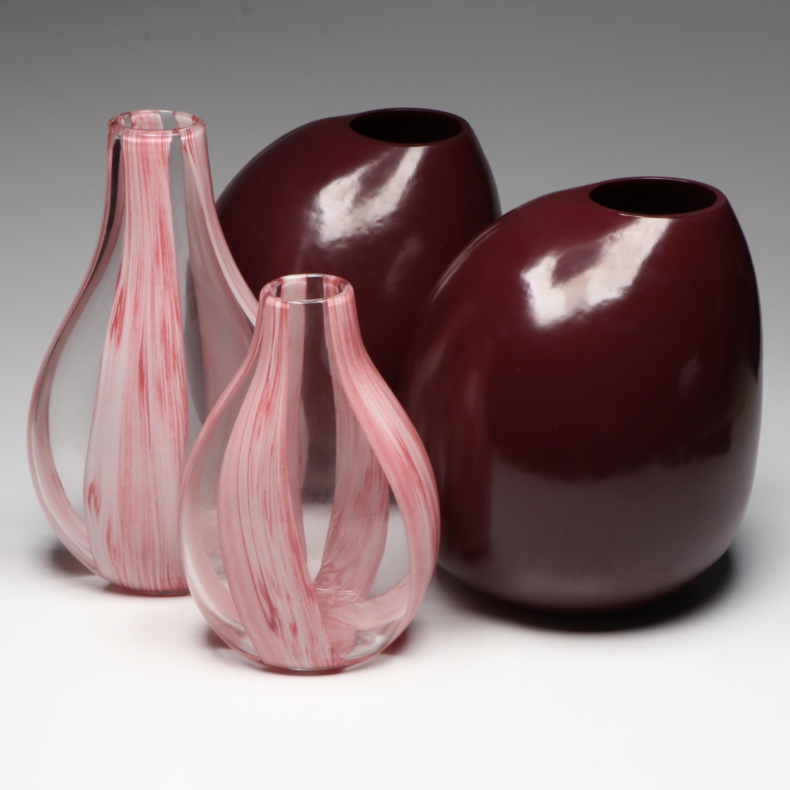 Pair of Oxblood Modern Vases and Pair of Pink Striped Teardrop Bottle Vases