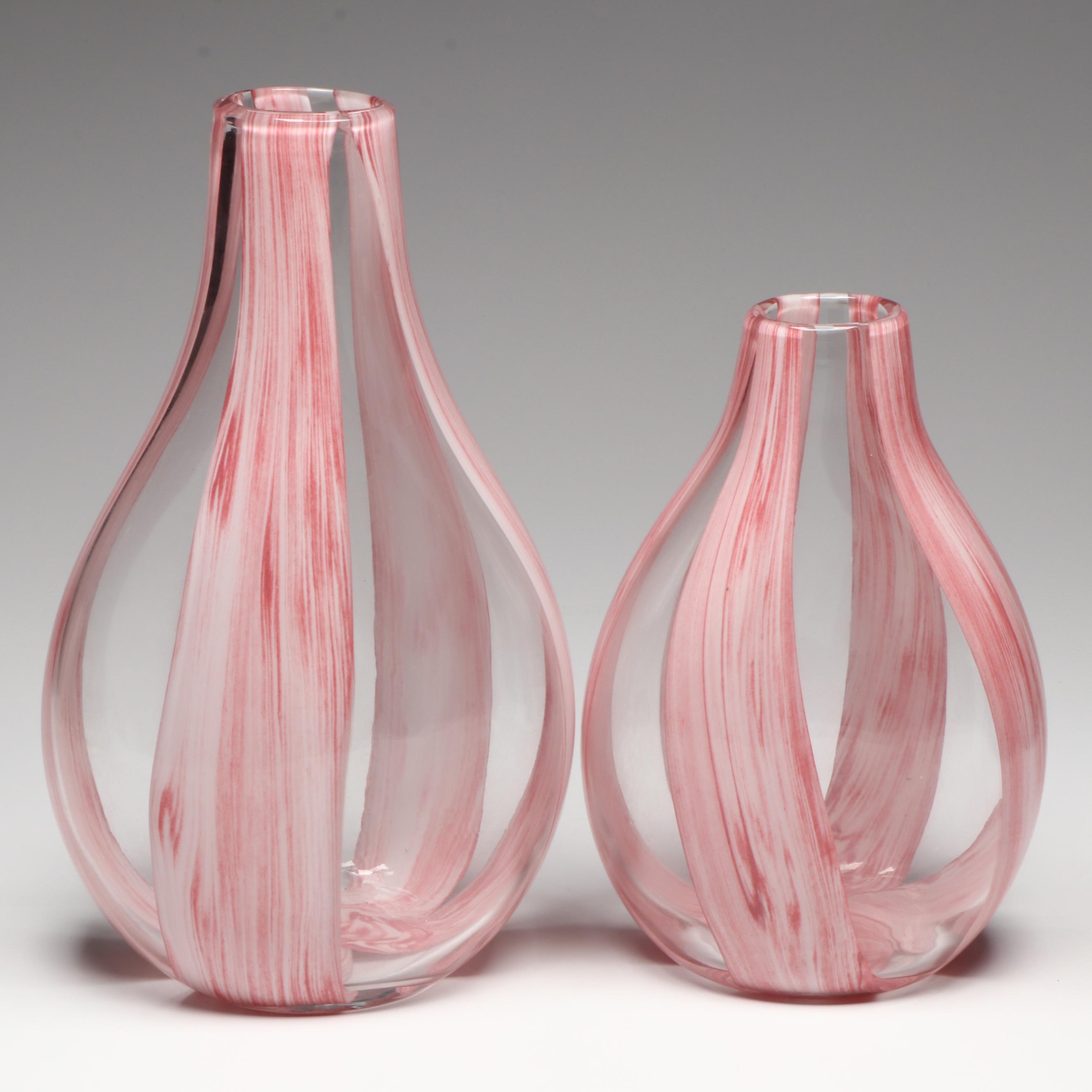 Pair of Oxblood Modern Vases and Pair of Pink Striped Teardrop Bottle Vases