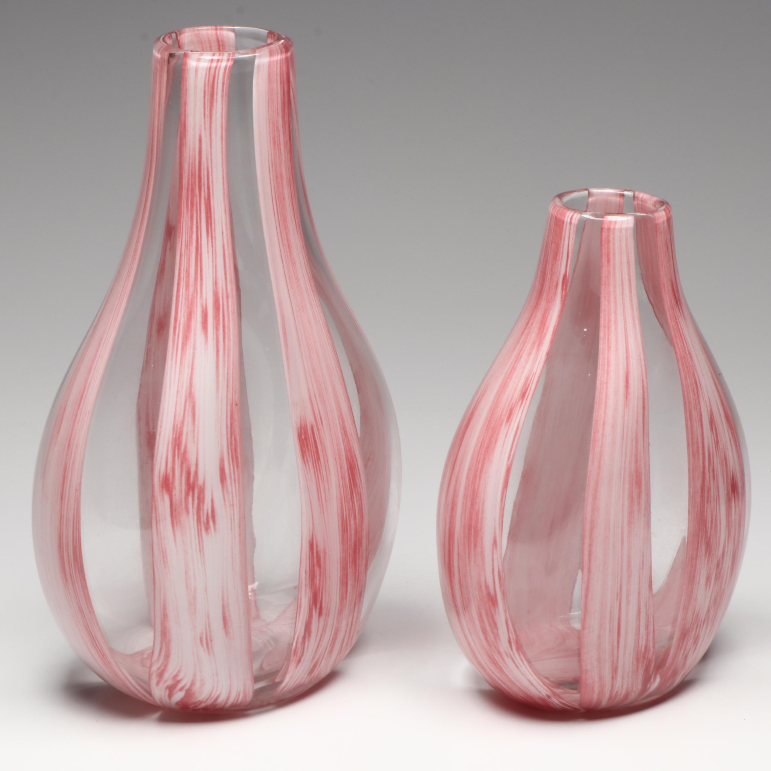 Pair of Oxblood Modern Vases and Pair of Pink Striped Teardrop Bottle Vases